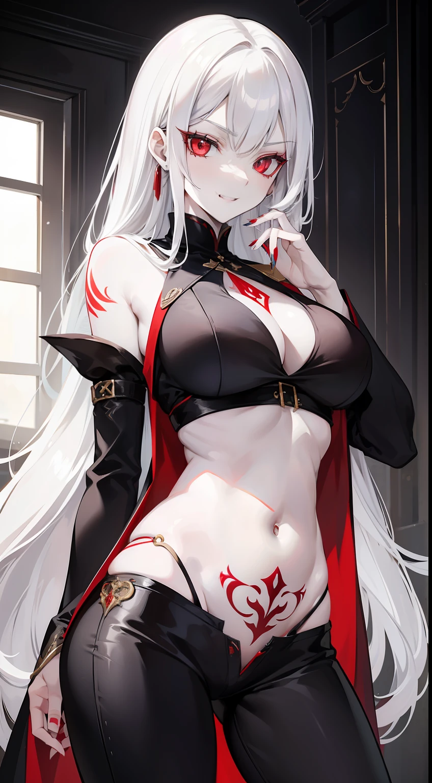 Tall girl, pale skin, Long white hair, red-eyes, Vampire's clothes, breeches, open belly, neckline on the chest, Tatoo, smirk, fangs, Masterpiece, hiquality