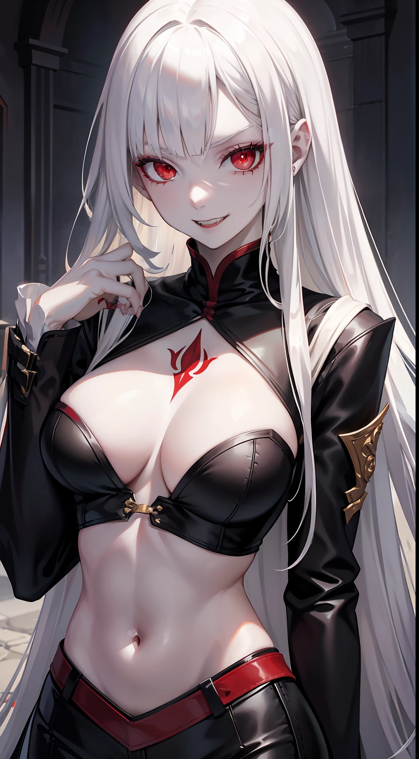Tall girl, pale skin, Long white hair, red-eyes, Vampire's clothes, breeches, open belly, neckline on the chest, Tatoo, smirk, fangs, Masterpiece, hiquality