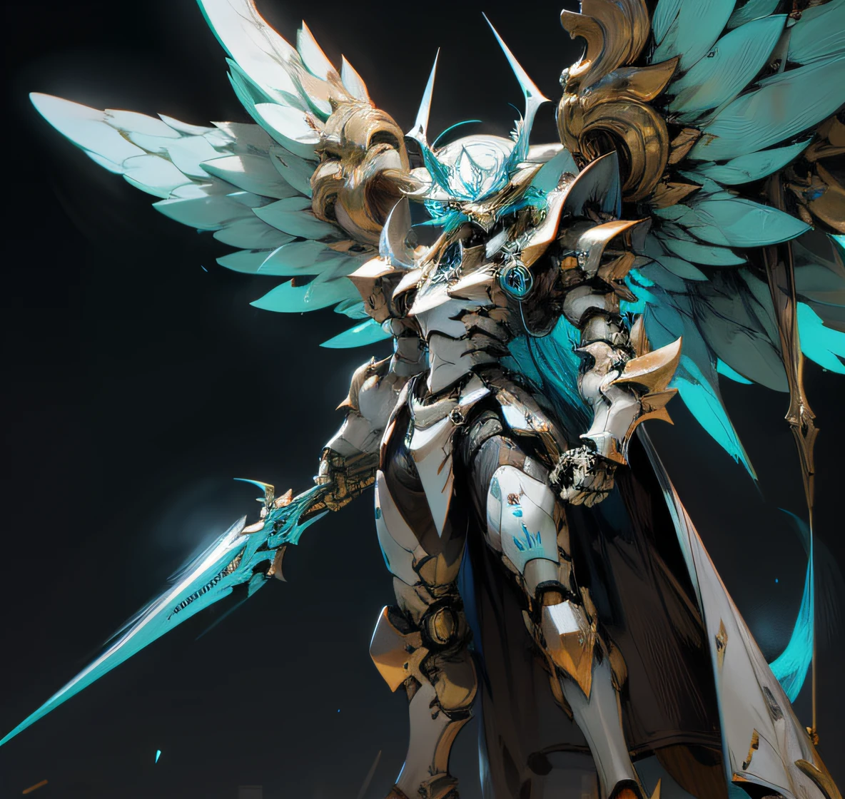 Demonangel weiblich with horns on the head, huge wings and a heavy cyber armor with neon lights blue white with golden decorations