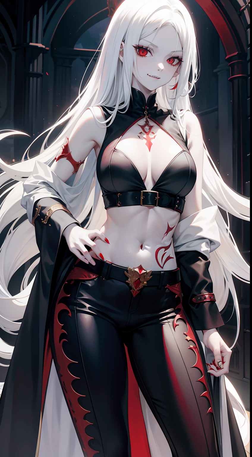 Tall girl, pale skin, Long white hair, red-eyes, Vampire's clothes, breeches, open belly, neckline on the chest, Tatoo, smirk, fangs, Masterpiece, hiquality