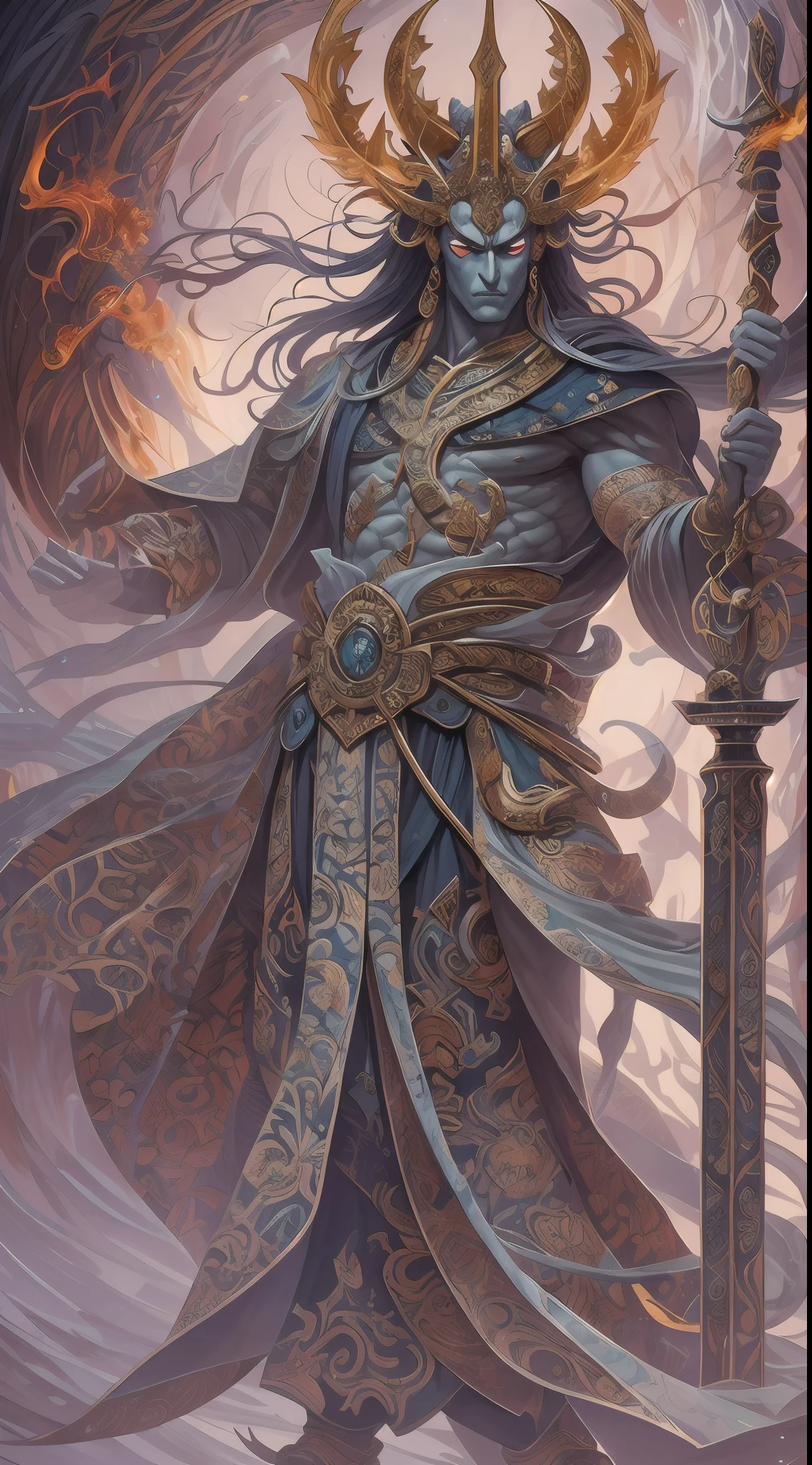 photore，sportrait，God floating on fire[The discovery of wormholes leads to a new world|The cursed prince must marry the Void]，[sci-fy：fanciful：0.6]cinmatic lighting，detailedbackground，at centre，Michael Bay style，insane detailed，k hd，concept-art，number art，with dynamism，（The most beautiful art in the world：1.2），（V0id3nergy：1.3），A man with a sword and a demon，beautiful male god of death，mohrbacher，Inspired by Shunkōsai Hokushu，In the artistic style of Morebach，asura from chinese myth，the god of chaos，Inspired by Ryūkōsai Jokei，Style Peter Molbach