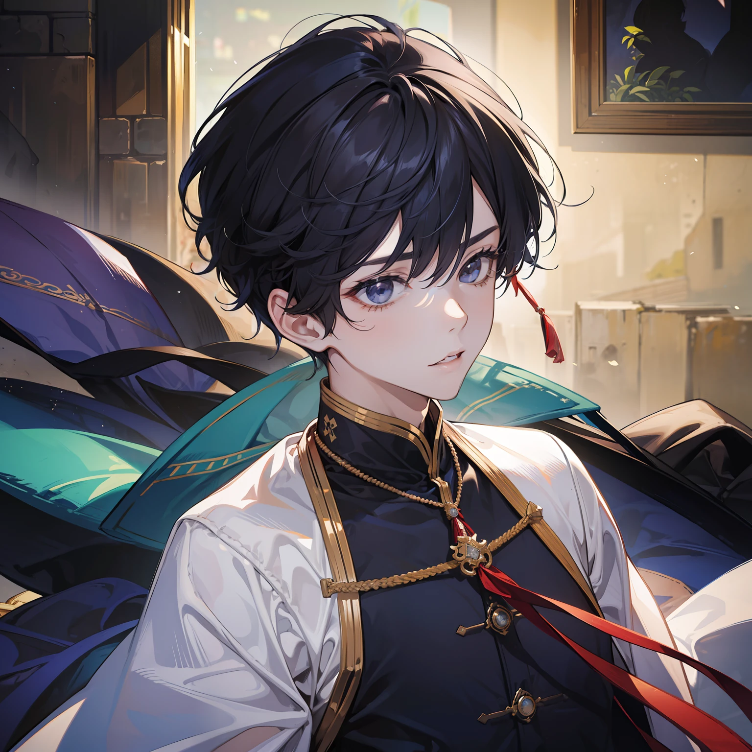 Boy, cabelo grande e preto, roupa de mordomo