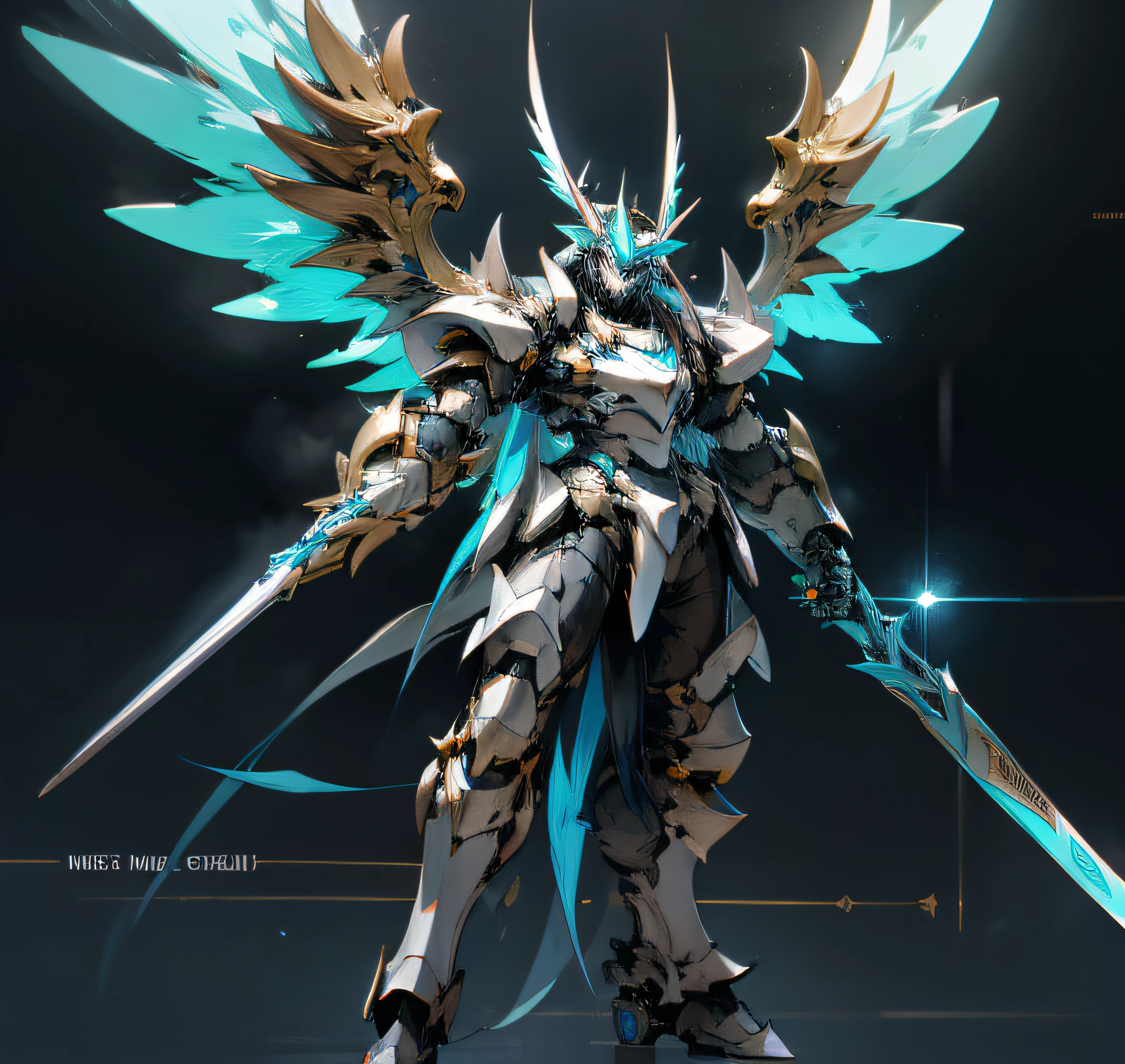 Demonangel weiblich with horns on the head, huge wings and a heavy cyber armor with neon lights blue white with golden decorations