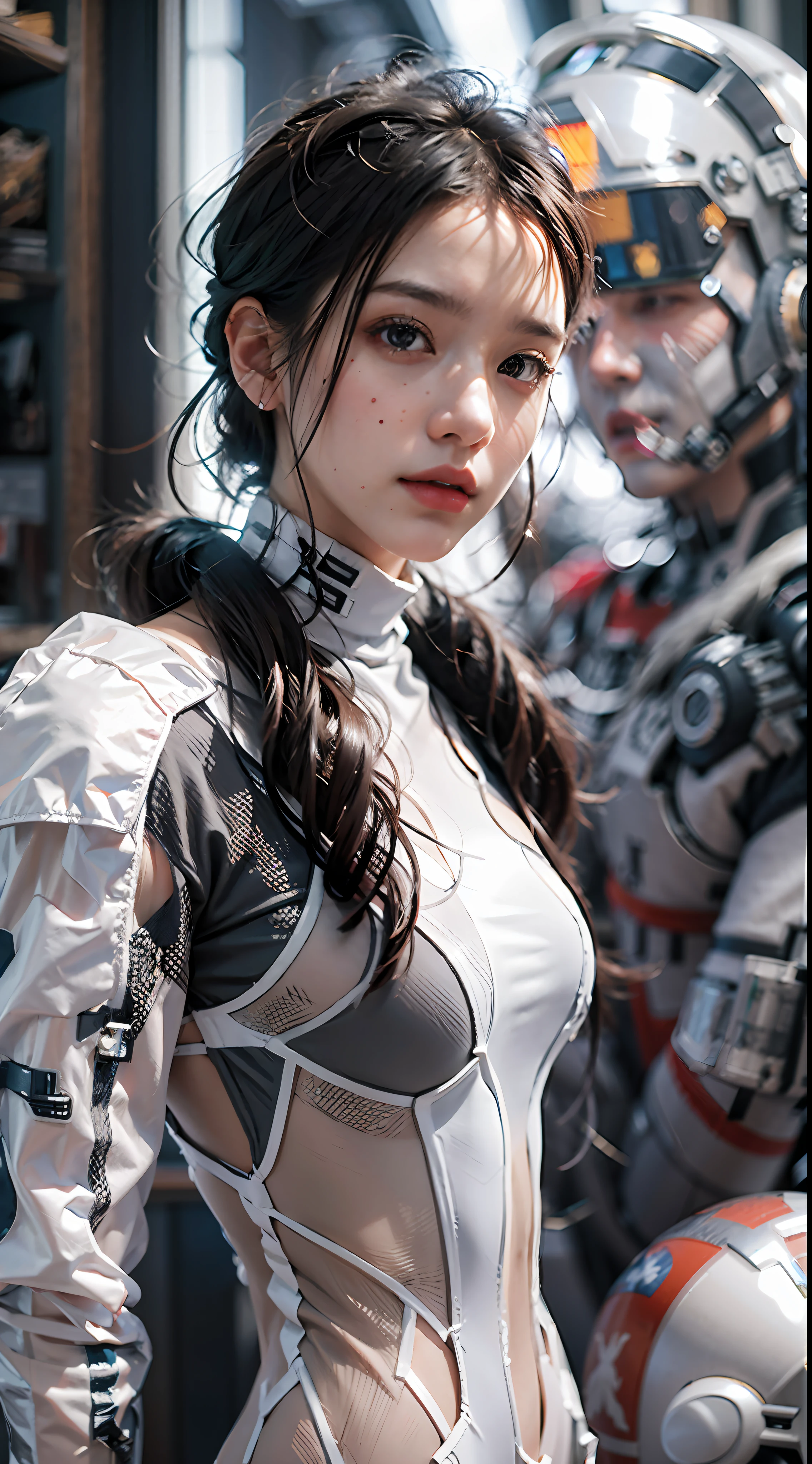 (((Masterpiece)))  (1girl) she is wearing white spiderman mech, hair short and white,, Bloodborne, Cyber punk style, Andy Warhol, Waterhouse, Andreas Rocha, Greg Rutkowski, Renato Mucillo, Shinkai Makoto, Photorealistic, Ultra photoreal, Hyperrealistic, Multiverse, Realistic CGI, Intricate details, Ambient occlusion, Atmospheric, Sharp focus, V-ray, Unreal engine, Octane render, Ray tracing, Rim lighting, Soft lighting, Full-Body Shot, Cinematic Still Shot, Sony alpha, Long exposure, Symmetrical, ISO12800, 8k --q 2 --ar 9:16 --v 5.1 7207 --s 2