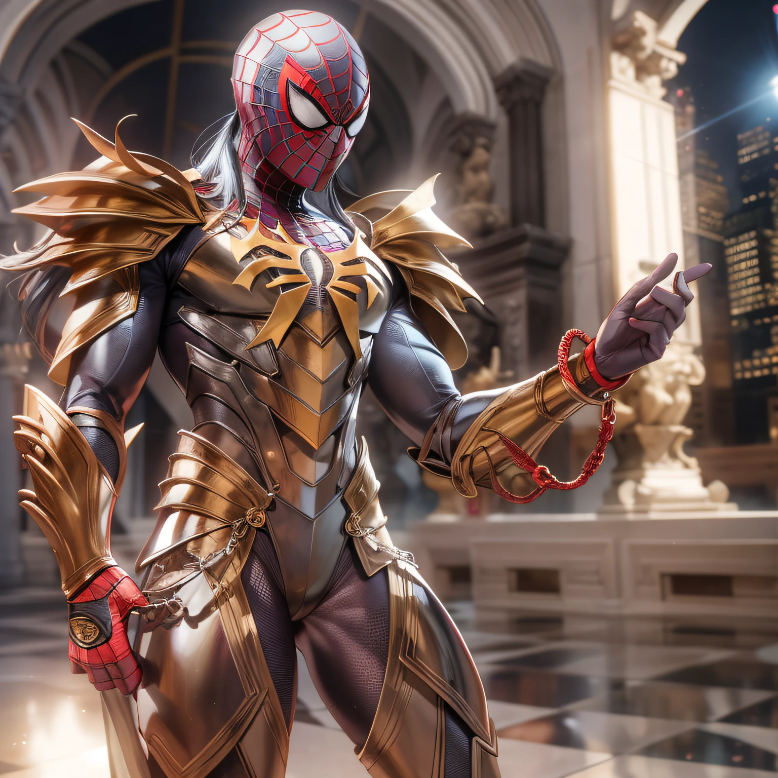 Spiderman in a virgo shaka armor, armored, shaka virgo, saint seya armor, luzes refletindo, hiper realista, hiper detalhado, melhor qualidade, qualidade superior, realista, reflexos, beautiful lighting, 8k, cinematic lighthing, dentro de um templo grego branco, luz solar
