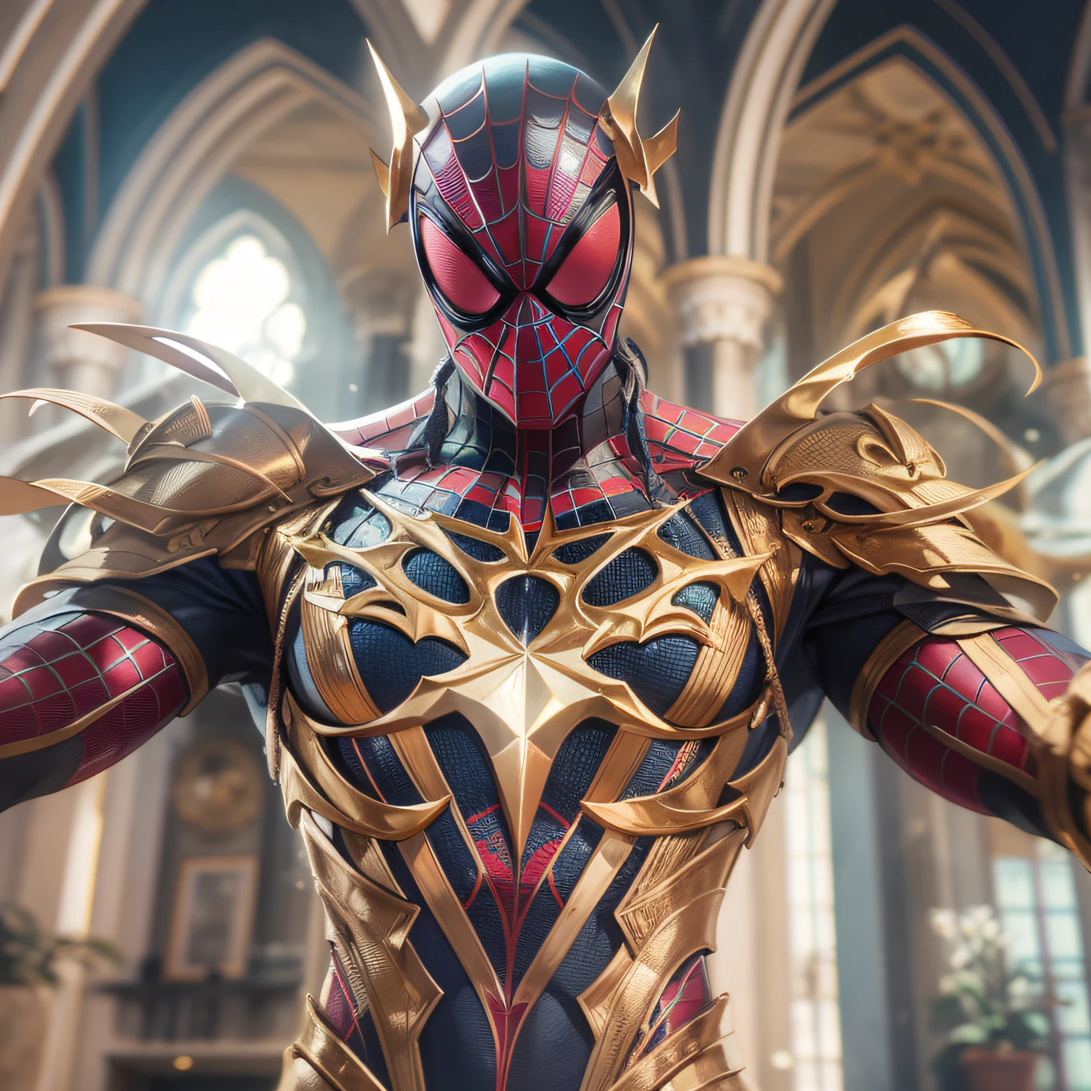 Spiderman in a virgo shaka armor, armored, shaka virgo, saint seya armor, luzes refletindo, hiper realista, hiper detalhado, melhor qualidade, qualidade superior, realista, reflexos, beautiful  lighting, 8k, cinematic lighthing, dentro de um templo grego branco, luz solar