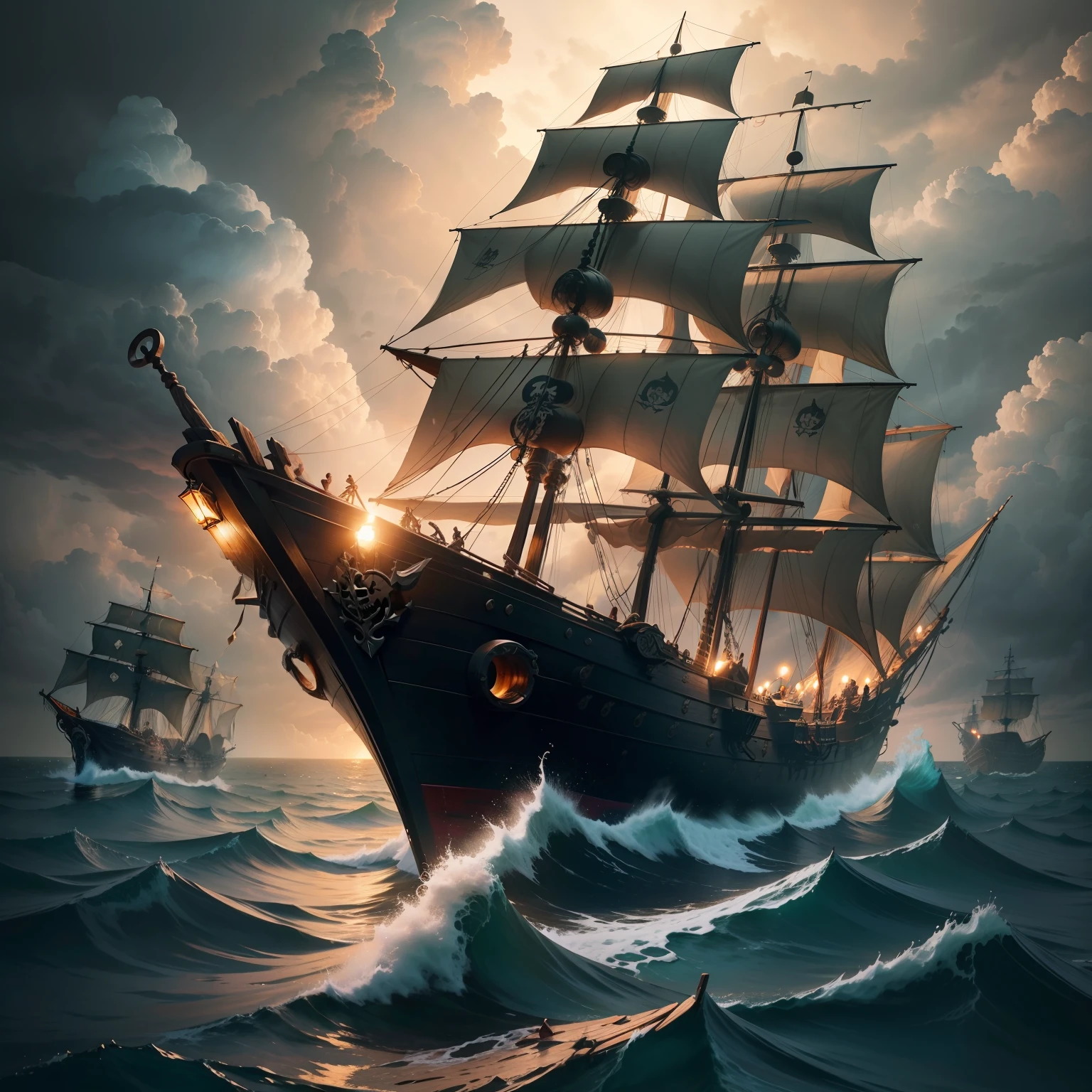 Large pirate ship at sea, wooden shards floating on the water, cloudy weather with thunder