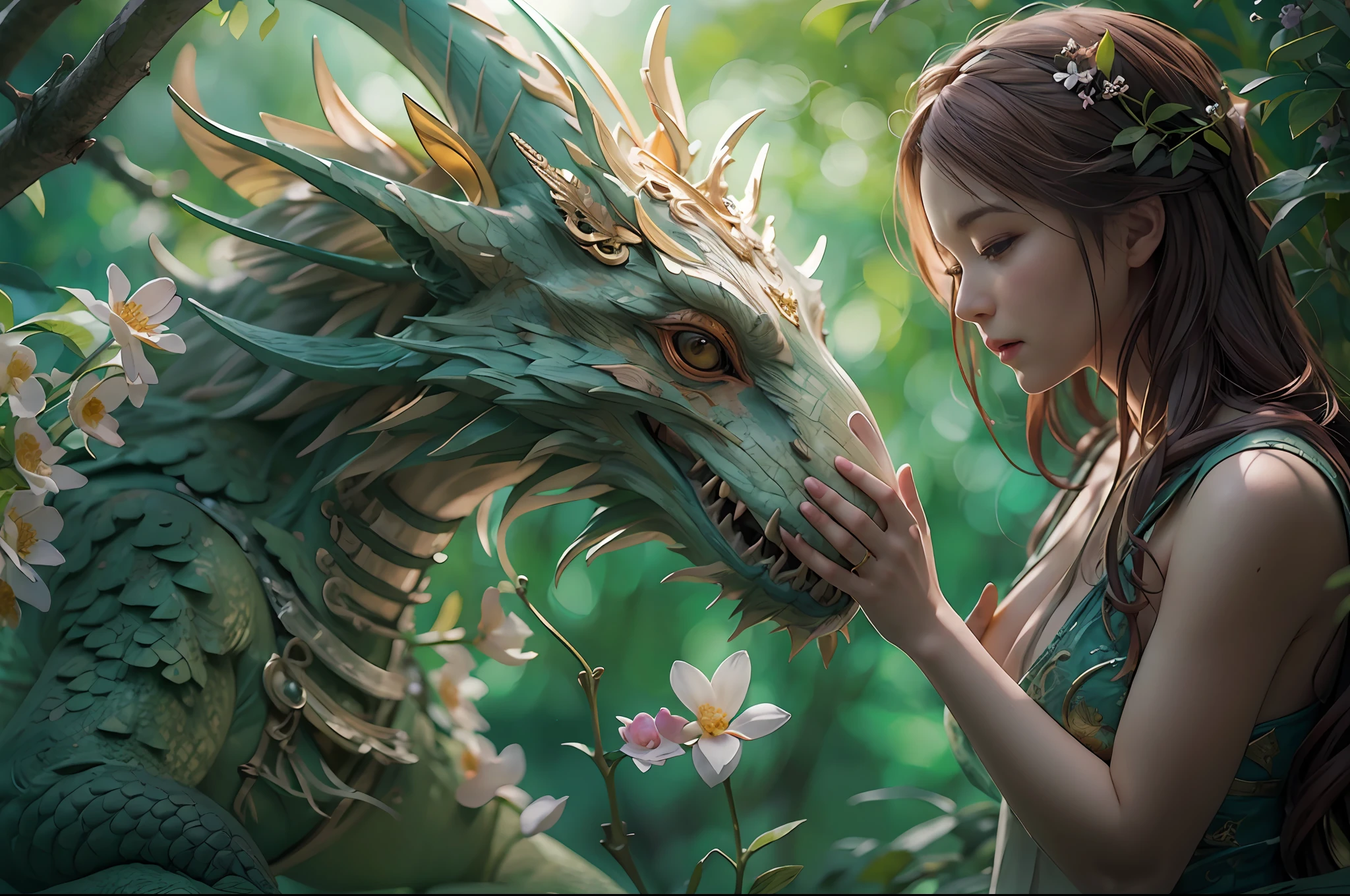 masterpiece, best quality, high quality, extremely detailed CG unity 8k wallpaper, enchanting and dreamlike scene of fantasy forest, (beautiful woman caresses a dragon: 1.4), the beautiful woman embraces the dragon, the complicity is noticeable in between, creating a sense of mysticism and enchantment, artstation, intricate, trending, award winning photography, Bokeh, depth field, HDR, blossom, chromatic aberration, photorealistic, extremely detailed, trending on artstation, trending on CGsociety, intricate, highly detailed , dramatic,