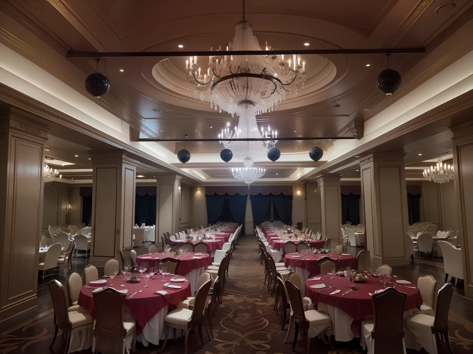 The table and chairs are set in a large room with chandeliers, ballroom background, ball room, big hall, inside a grand, enchanted surroundings, luxurious environment, interior setting, big hall, Grand, VIP Lounges, upscale restaurant, Gorgeous restaurant, changquan, in a large hall, full - view, full room view, Elegant atmosphere, shui mo hua