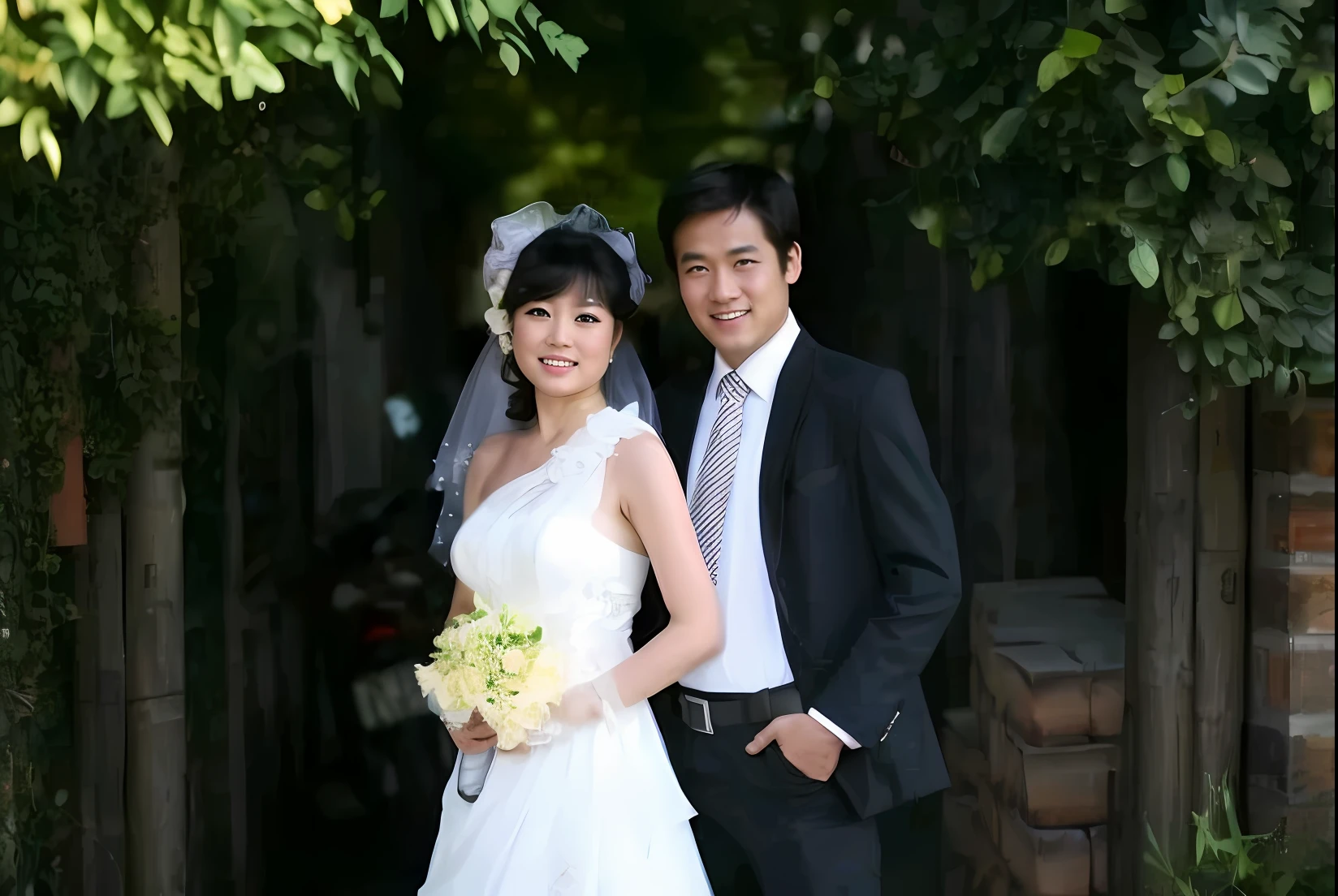 bride and groom posing for a picture in a garden, lovely couple, ruan jia and fenghua zhong, wedding photo, happy couple, couple, phong yintion j - jiang geping, bride and groom, wu liu, zhuoxin ye, song nan li, wenfei ye, jinyiwei, li zixin, jia, lei min