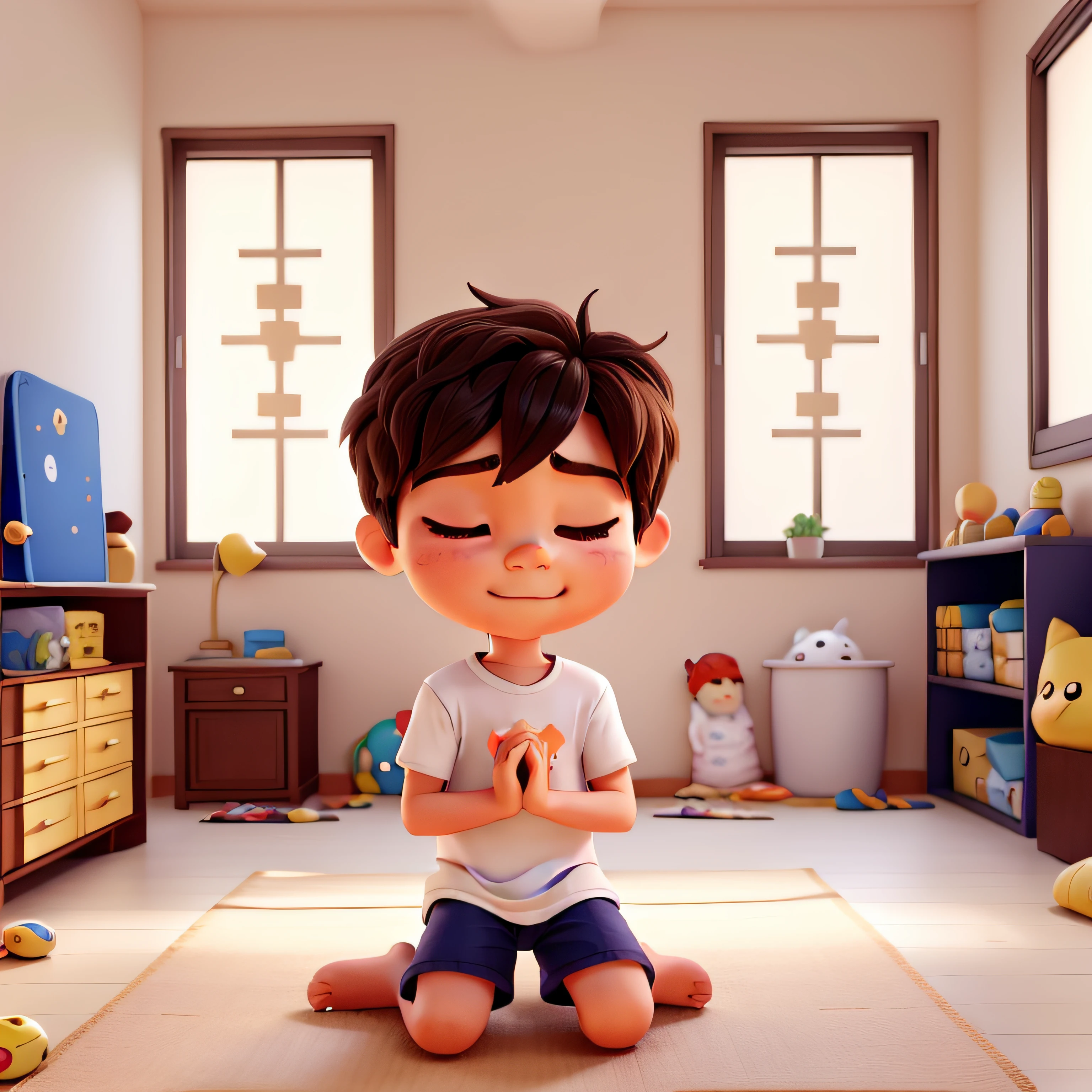 Create a child character praying with his eyes closed at the foot of the bed in his room, luz do sol entrando, muitos detalhes, claro, clear