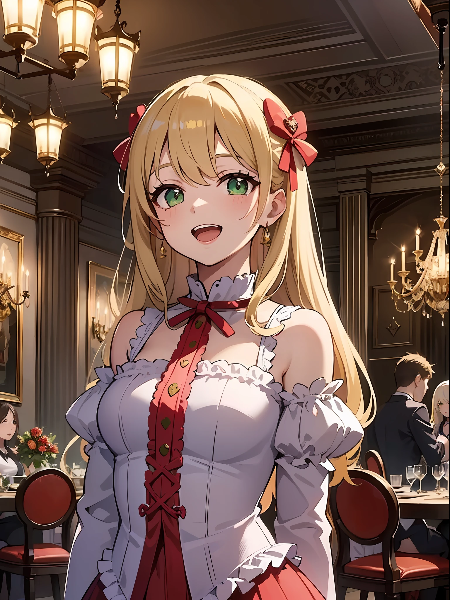 (masterpiece:1.3), (best quality:1.3), high resolution,
upper body,
eating, body facing forward, (upright:1.3), (arms at sides:1.3),
(one cute girl:1.3), solo,
white skin, small Breast, eight-headed person,
light yellow hair, long hair, red ribbon, fluffy hair, beautiful hair, green eyes, beautiful detailed eyes,
open mouth, cheerful smile,
frilled dress, pink dresses, (shortcake:1.3),
restaurant, inside the castle, luxury rooms,
shadowlighting,