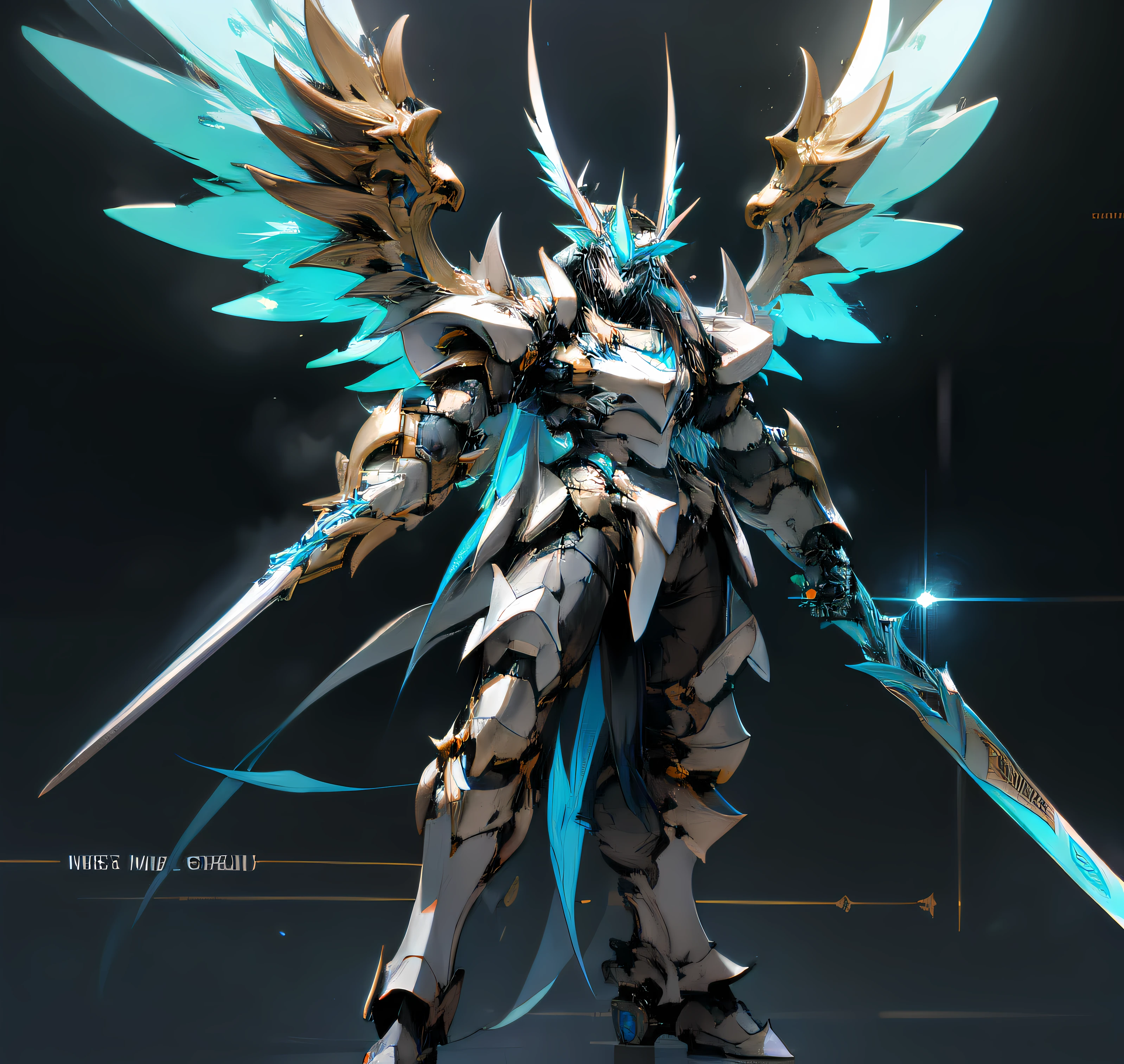 Demonangel weiblich with horns on the head, huge wings and a heavy cyber armor with neon lights blue white with golden decorations