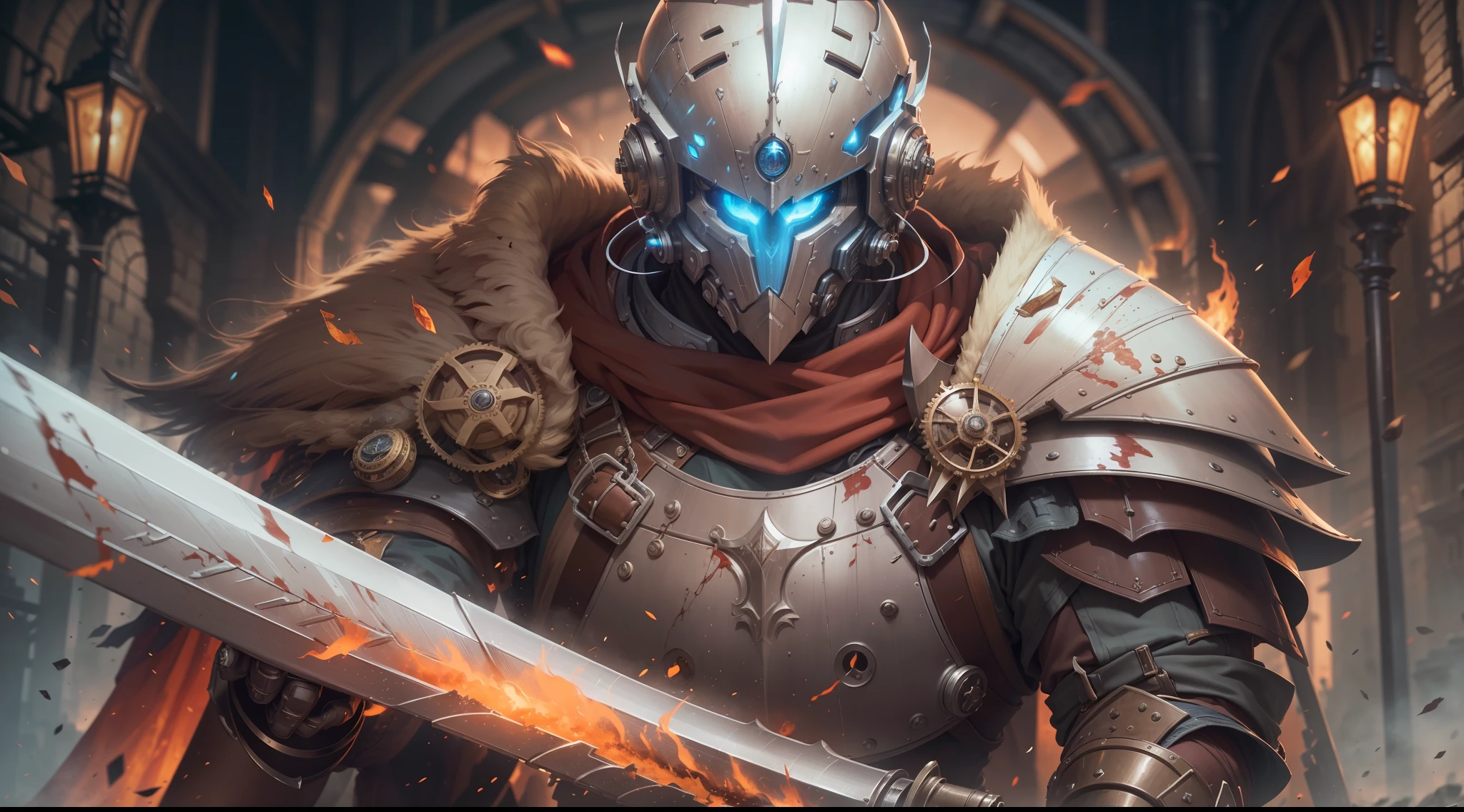 European, One of the king's hands crushed the head of the vanguard who tried to approach him, The two knight rounded to the left when the king was careless, and he stabbed his spear, But the bravery of the squire supported the king with his body. Blonde, tanned skin, cold-looking blue eyes, old face, musclular body, wearing steampunk power steel armor, carry a long sword, steampunk,fantasy steampunk paladin carry a long sword behind waist, masterpiece, best quality, King leading him army into battle, heroic, bright, moody, intense, steampunk knight, realistic shadows, high quality, ultra detailed in 4k, 8k, high resolution, sharp focus, depth of field, faded, (neutral colors:1.2), (hdr:1.4), (muted colors:1.2), hyperdetailed, (artstation:1.4),(perfect hands:1.3) ( mechanism gears, industry technology, automaton, electric sparks cinematic atmosphere. (rutkowski:0.66), (teal and orange:0.4)", steampunk battle city background in a battlefield of blood and fire ((dramatic)), bokeh, gothic, ember particles.