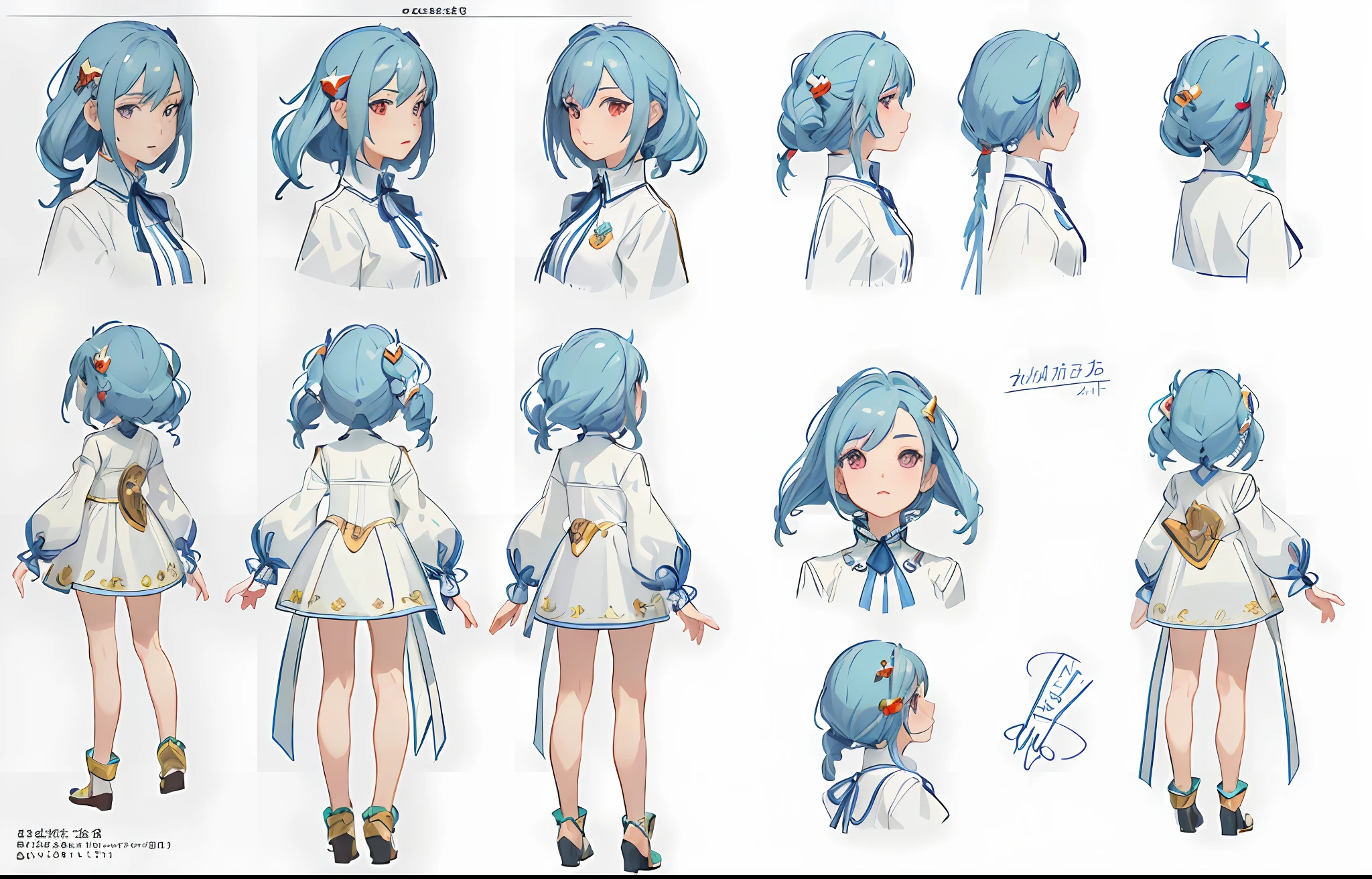 ((masterpiece)),(((best quality))),(character design sheet, same character, front, side, back), illustration, 1 girl, Random character, charturnbetalora, concept art, character concept art, character sketch, reference sheet, character sheet, (simple background, white background: 1.3)