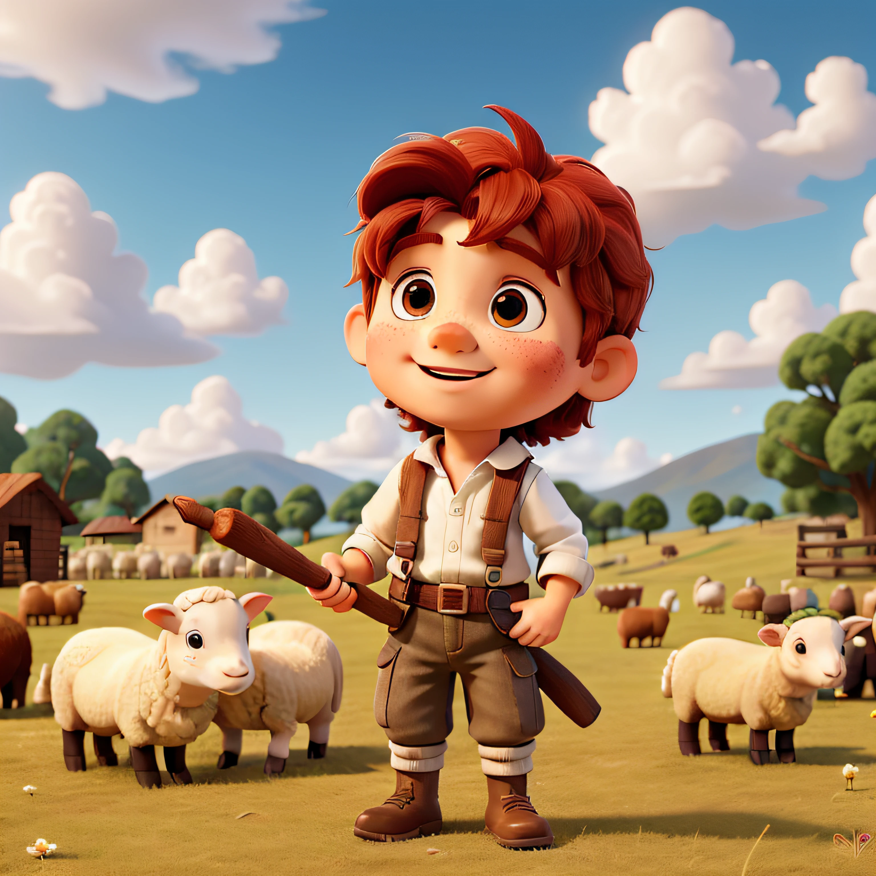 The character I'm going to create to illustrate the book is a red-haired boy with freckles, and he's a shepherd of sheep. Ele se chama Davi e mora e cuida das ovelhas no campo. David tem cabelos ruivos cacheados e muitas sardas no rosto, o que o torna muito fofo. Ele usa roupas estilo as de Jesus. He is brave and loves to take care of his sheep. Always with a wooden staff in his hand and a cheerful expression on his face, David passeia pelos campos verdes, singing lullabies to soothe your sheep. He's a lovely character who teaches kids about care and responsibility. Desenho estilo aquarela. Looking Up The Sky