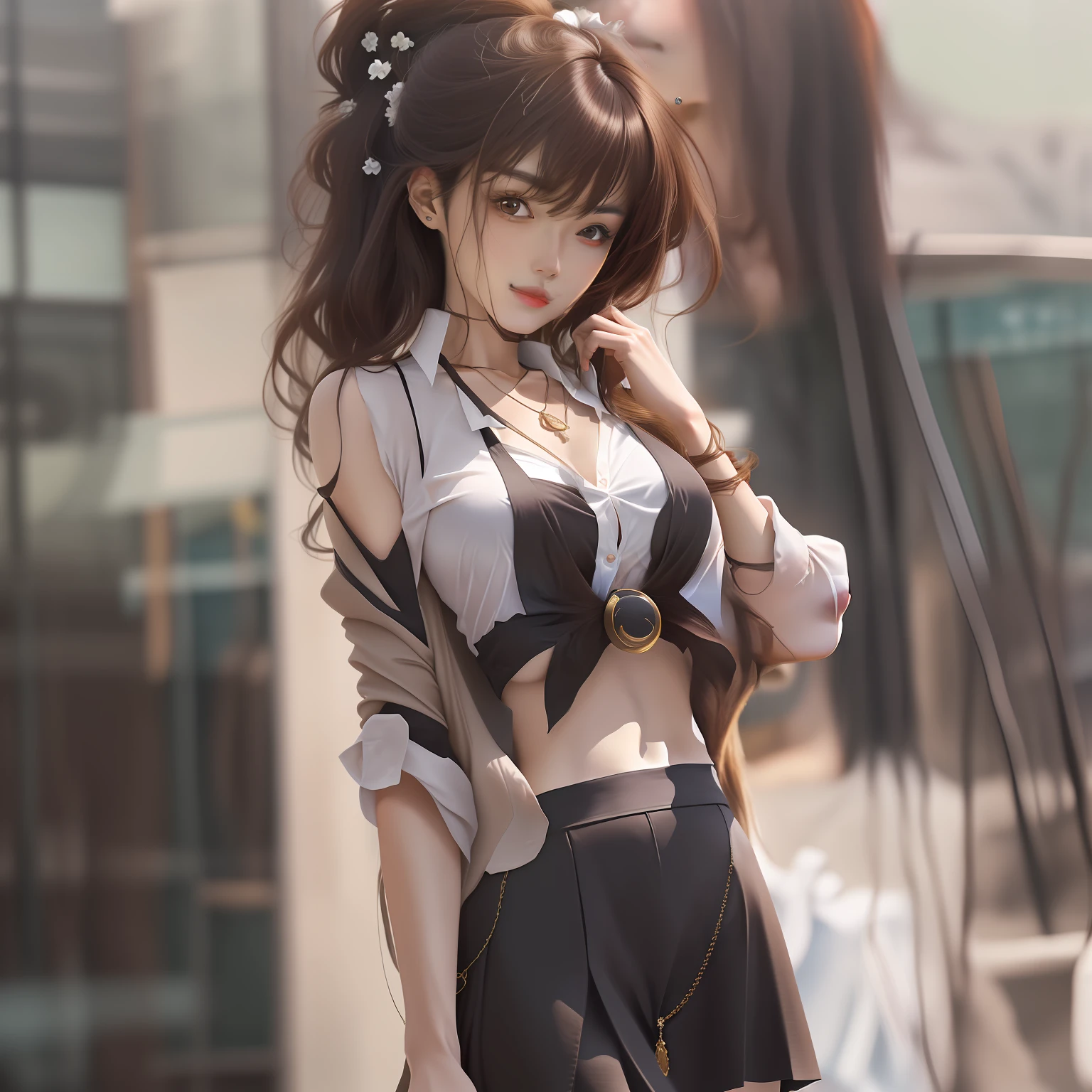 （best qualtiy，A high resolution，tmasterpiece：1.3），A tall and beautiful woman，Slender abs，Dark brown hair in loose wavy styling，nedium breasts，Wear a pendant，white button-down blouse，obi strip，a black skirt，（Modern architecture in background），Beautifully rendered details in face and skin textures，Detailed eyes，二重まぶた，Bare chest