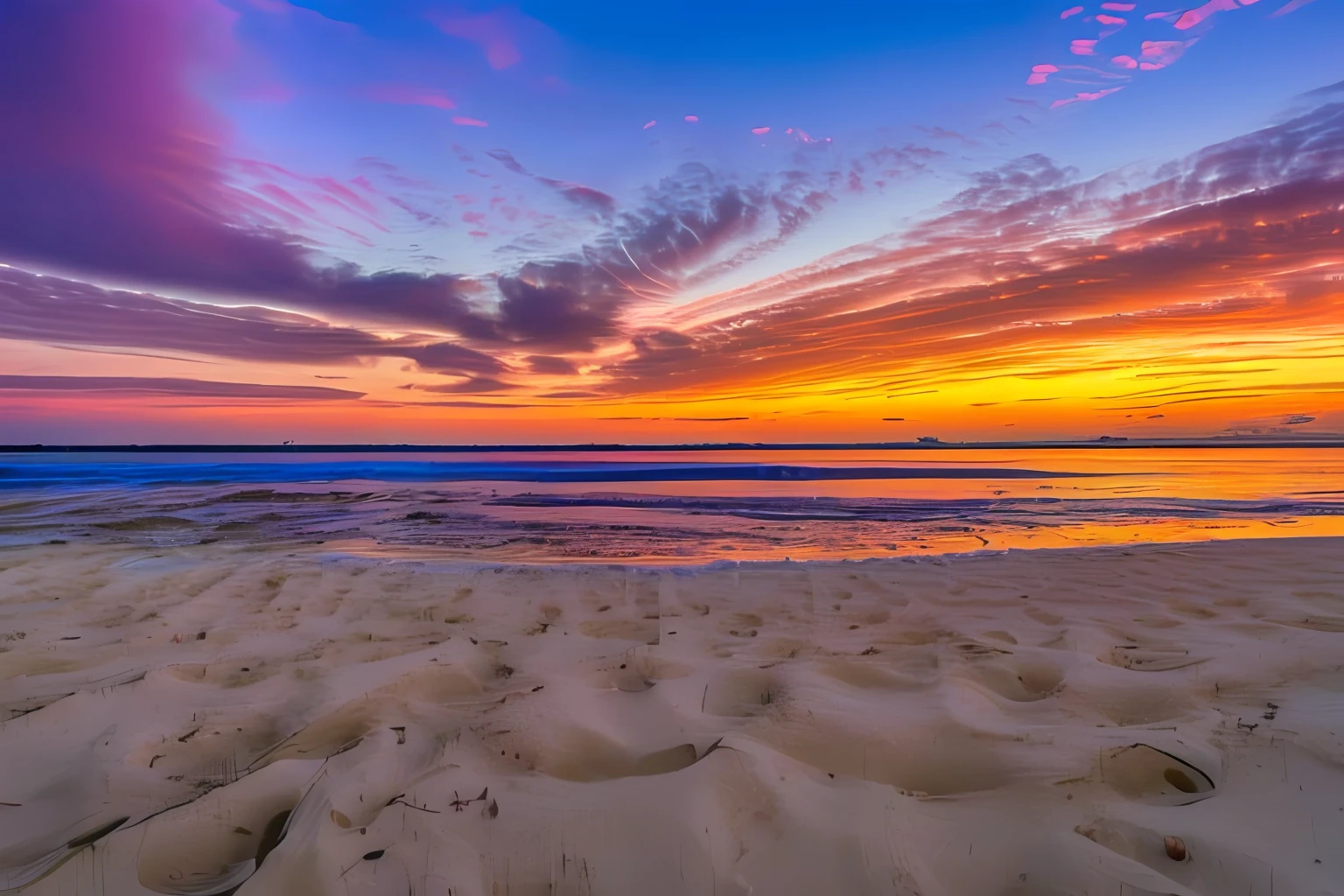 An absolutely mesmerizing sunset on the beach, com uma mistura de laranja, pink and yellow in the sky. The water is crystal clear, gently kisses the shore and the white sand is endless. The scene is dynamic and breathtaking, com gaivotas voando alto