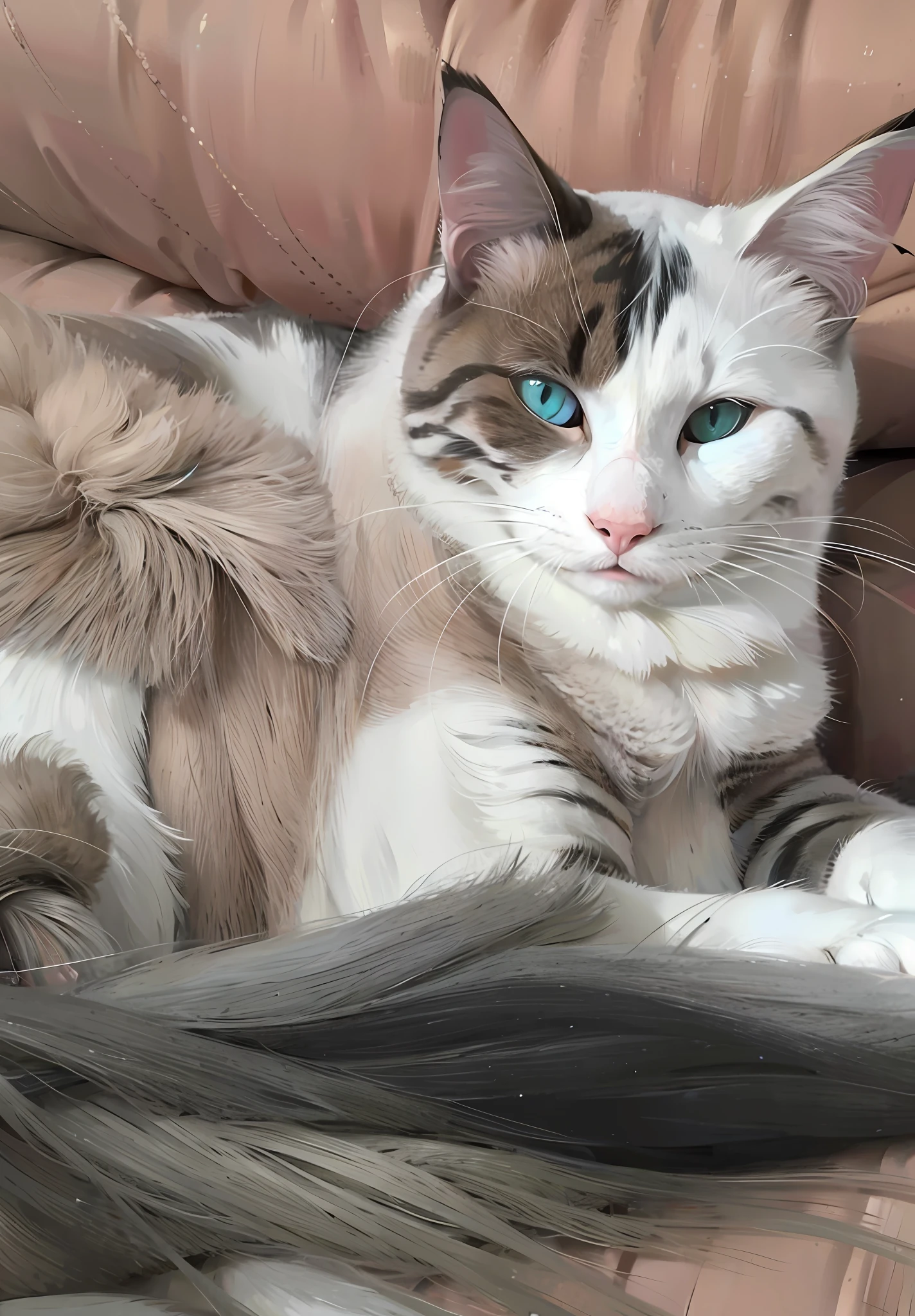 There is a cat that is sitting on a couch, She's sitting facing, Cattie - Brie de Mithril Hall, calico, ela tem cerca de 1 6 anos de idade, Calico cat, ela tem cerca de 2 0 anos, ela tem cerca de 20 anos, gato ragdoll, muito bobo olhando, non blurry, Ela tem um rosto bonito - estilo arte digital, Cartoon