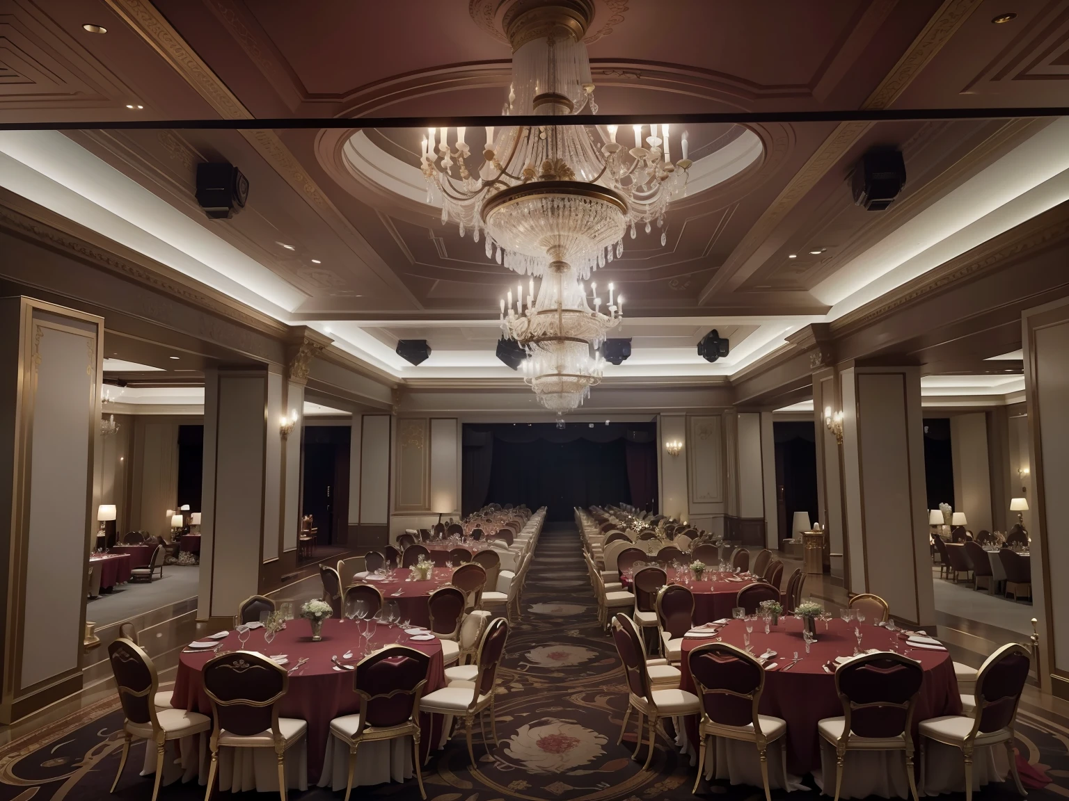 The table and chairs are set in a large room with chandeliers, ballroom background, ball room, big hall, inside a grand, enchanted surroundings, luxurious environment, interior setting, big hall, Grand, VIP Lounges, upscale restaurant, Gorgeous restaurant, changquan, in a large hall, full - view, full room view, Elegant atmosphere, shui mo hua