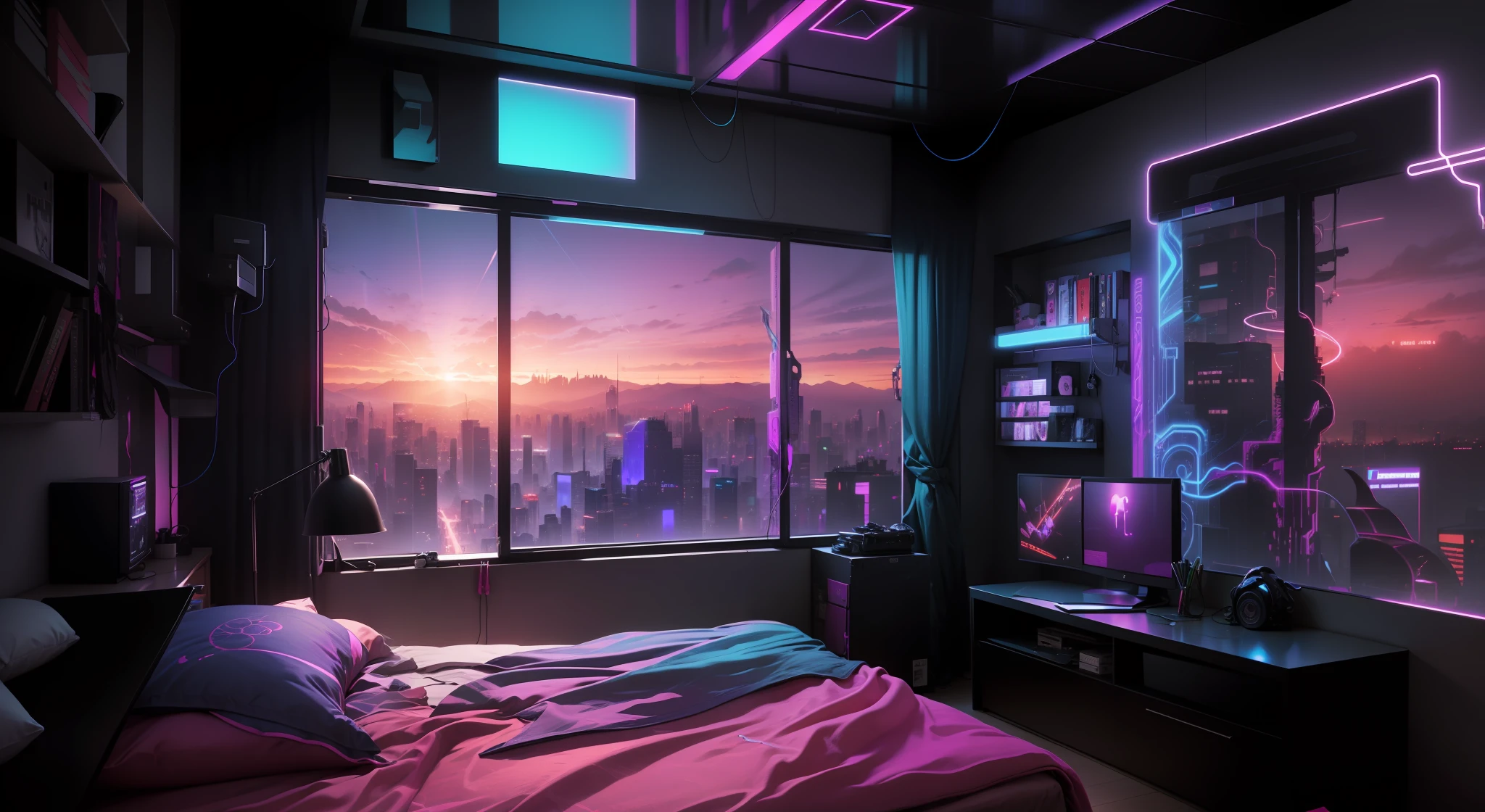 um fundo de quarto, Cyberpunk,  violeta russa, azul royal, vibrant holographic gradient, cores vibrantes, VantaBlack, vermelho, neon pink, cores neon, laranja neon, Fuchsia Colors, cores fluorescentes, cores de fogo, Synthwave, neon lights, arte realista, Adobe Photoshop, design de interiores futurista --niji --q 0.25