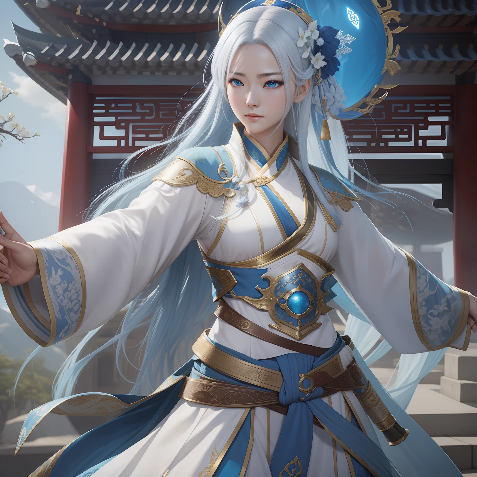 a close up of a woman in her 30's, with blue eyes and white hair, wearing a white and blue ball gown dress, a heroine in wuxia style, with blue eyes, martial artist holding a sword, standing in a chinese monastary, new costume concept design, in the style of blade and soul, full body character concept, detailed character design, inspired by Yang Jin, inspired by Li Mei-Shu, chinese costume, inspired by Lan Ying, inspired by Sim Sa-Jeong, inspired by Li Tang, lunar themed attire, costume with blue accents, inspired by Ju Lian, colored concept art, highly detailed character design, highly detailed face, inspired by Ai Xuan, very highly detailed face, unreal engine render, final fantasy 14 style, inspired by Leng Mei