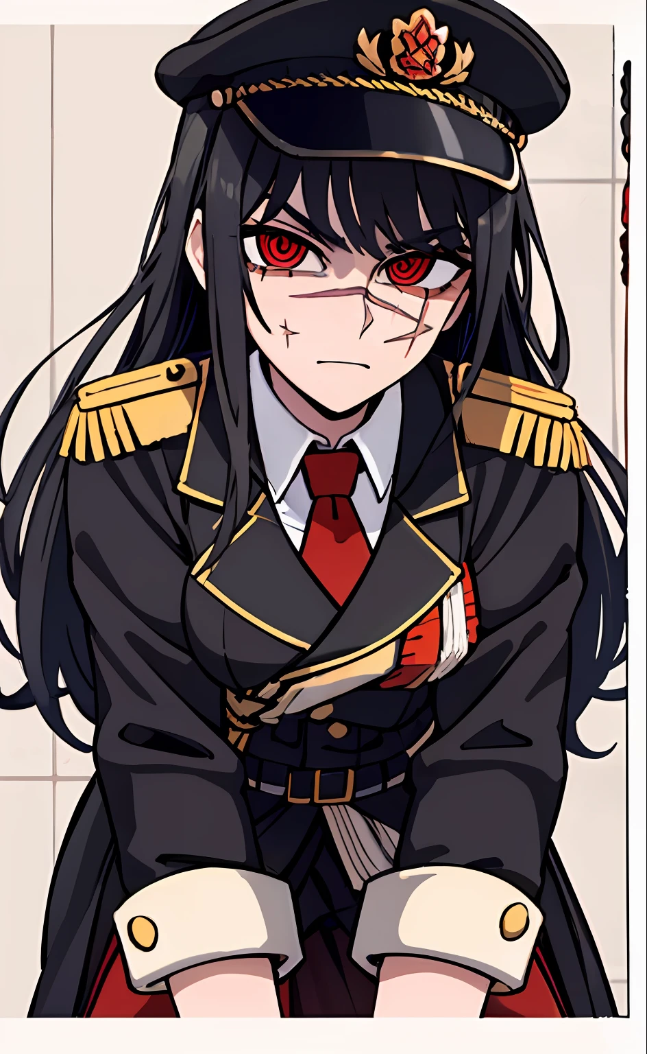 (masterpiece, best quality: 1.2), Solo, 1girl, Yoru \(Chainsaw Man\), looking at the viewer, different poses, red eye, long hair, completely black hair, reference to clothing of a German WWII general, black long sleeves (best quality), scar on face, beautiful eyes, has only 2 arms, has war medals on his clothes, Black Military Cap, Golden Eagle Medal on Clothing, (Wallpaper), (8K HD), (8K HD), Golden Shoulder Pads, Sprites, 1 Single Design (obra maestra, mejor calidad: 1.2), Solo, 1girl, Yoru \(Chainsaw Man\), mirando al espectador, sonrisa, MALVADA, diferentes poses, ojo rojos, cabello largo, cabello completamente negro, reference to clothing of a German general from World War II, mangas largas negras (mejor calidad), cicatriz en la cara, hermosos ojos, tiene solo 2 brazos, tiene medallas de guerra en su ropa, Gorra militar negra, Golden Eagle Medal in Dress, (fondo de pantalla), (8K HD), (8K HD), hombreras doradas, sprites, 1 single design