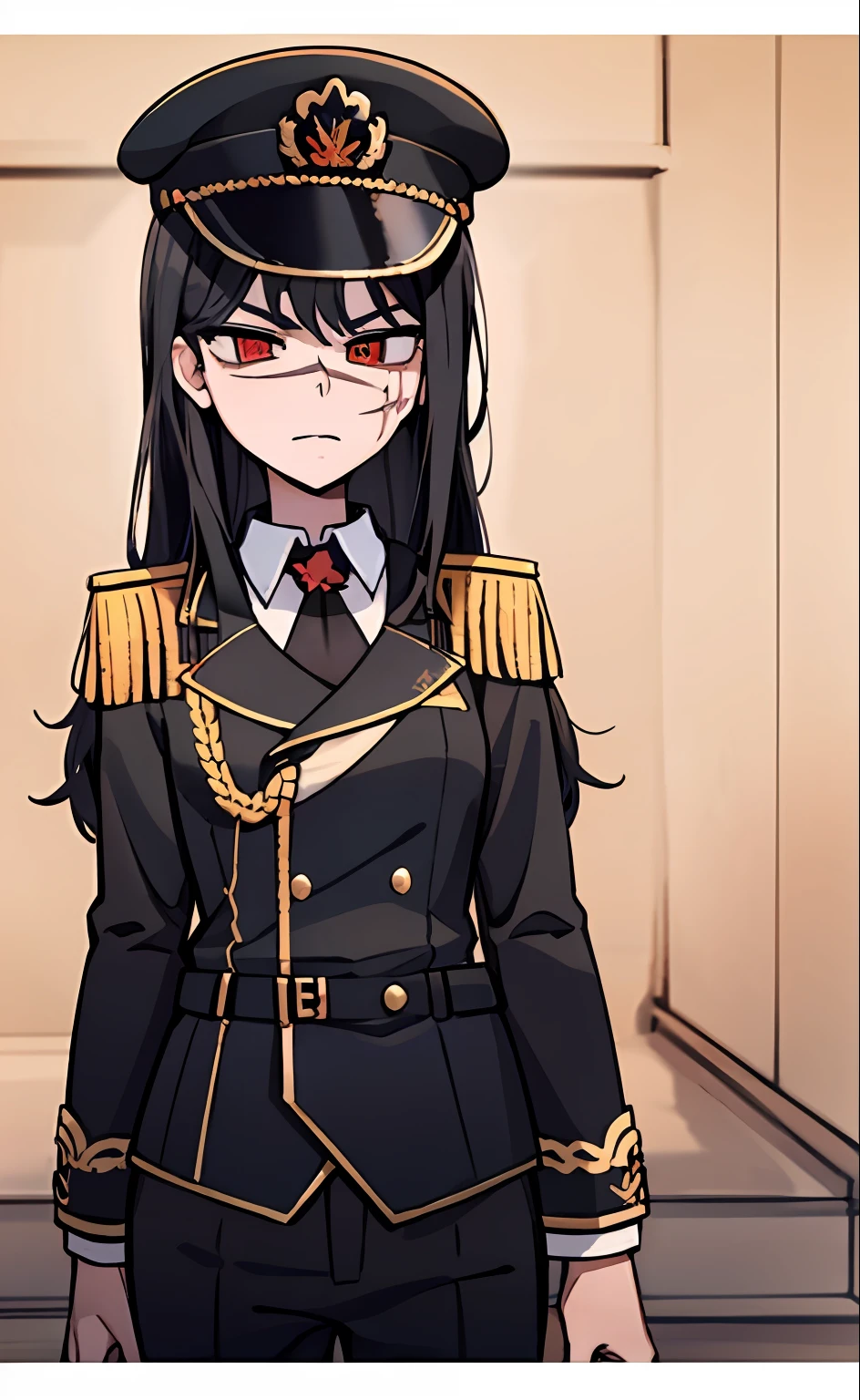 (masterpiece, best quality: 1.2), Solo, 1girl, Yoru \(Chainsaw Man\), looking at the viewer, different poses, red eye, long hair, completely black hair, reference to clothing of a German WWII general, black long sleeves (best quality), scar on face, beautiful eyes, has only 2 arms, has war medals on his clothes, Black Military Cap, Golden Eagle Medal on Clothing, (Wallpaper), (8K HD), (8K HD), Golden Shoulder Pads, Sprites, 1 Single Design (obra maestra, mejor calidad: 1.2), Solo, 1girl, Yoru \(Chainsaw Man\), mirando al espectador, sonrisa, MALVADA, diferentes poses, ojo rojos, cabello largo, cabello completamente negro, reference to clothing of a German general from World War II, mangas largas negras (mejor calidad), cicatriz en la cara, hermosos ojos, tiene solo 2 brazos, tiene medallas de guerra en su ropa, Gorra militar negra, Golden Eagle Medal in Dress, (fondo de pantalla), (8K HD), (8K HD), hombreras doradas, sprites, 1 single design