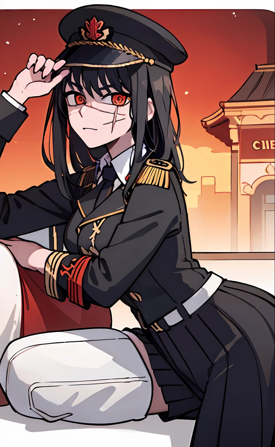 (masterpiece, best quality: 1.2), Solo, 1girl, Yoru \(Chainsaw Man\), looking at the viewer, different poses, red eye, long hair, completely black hair, reference to clothing of a German WWII general, black long sleeves (best quality), scar on face, beautiful eyes, has only 2 arms, has war medals on his clothes,  Black Military Cap, Golden Eagle Medal on Clothing, (Wallpaper), (8K HD), (8K HD), Golden Shoulder Pads, Sprites, 1 Single Design (obra maestra, mejor calidad: 1.2), Solo, 1girl, Yoru \(Chainsaw Man\), mirando al espectador, sonrisa, MALVADA, diferentes poses, ojo rojos, cabello largo, cabello completamente negro, reference to clothing of a German general from World War II, mangas largas negras (mejor calidad), cicatriz en la cara, hermosos ojos, tiene solo 2 brazos, tiene medallas de guerra en su ropa, Gorra militar negra, Golden Eagle Medal in Dress, (fondo de pantalla), (8K HD), (8K HD), hombreras doradas, sprites, 1 single design