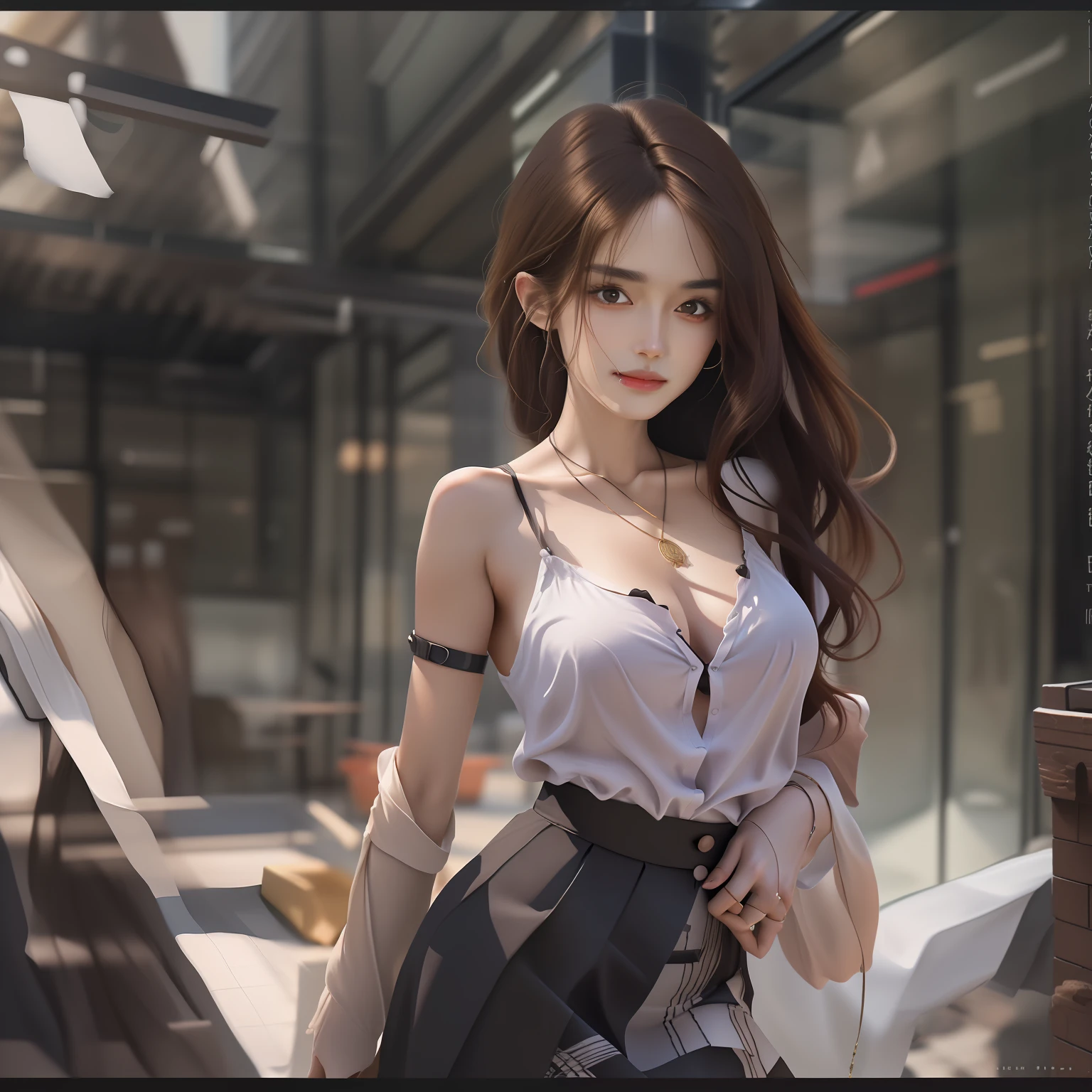 （best qualtiy，A high resolution，tmasterpiece：1.3），A tall and beautiful woman，Slender abs，Dark brown hair in loose wavy styling，nedium breasts，Wear a pendant，white button-down blouse，obi strip，a black skirt，（Modern architecture in background），Beautifully rendered details in face and skin textures，Detailed eyes，二重まぶた，Bare chest