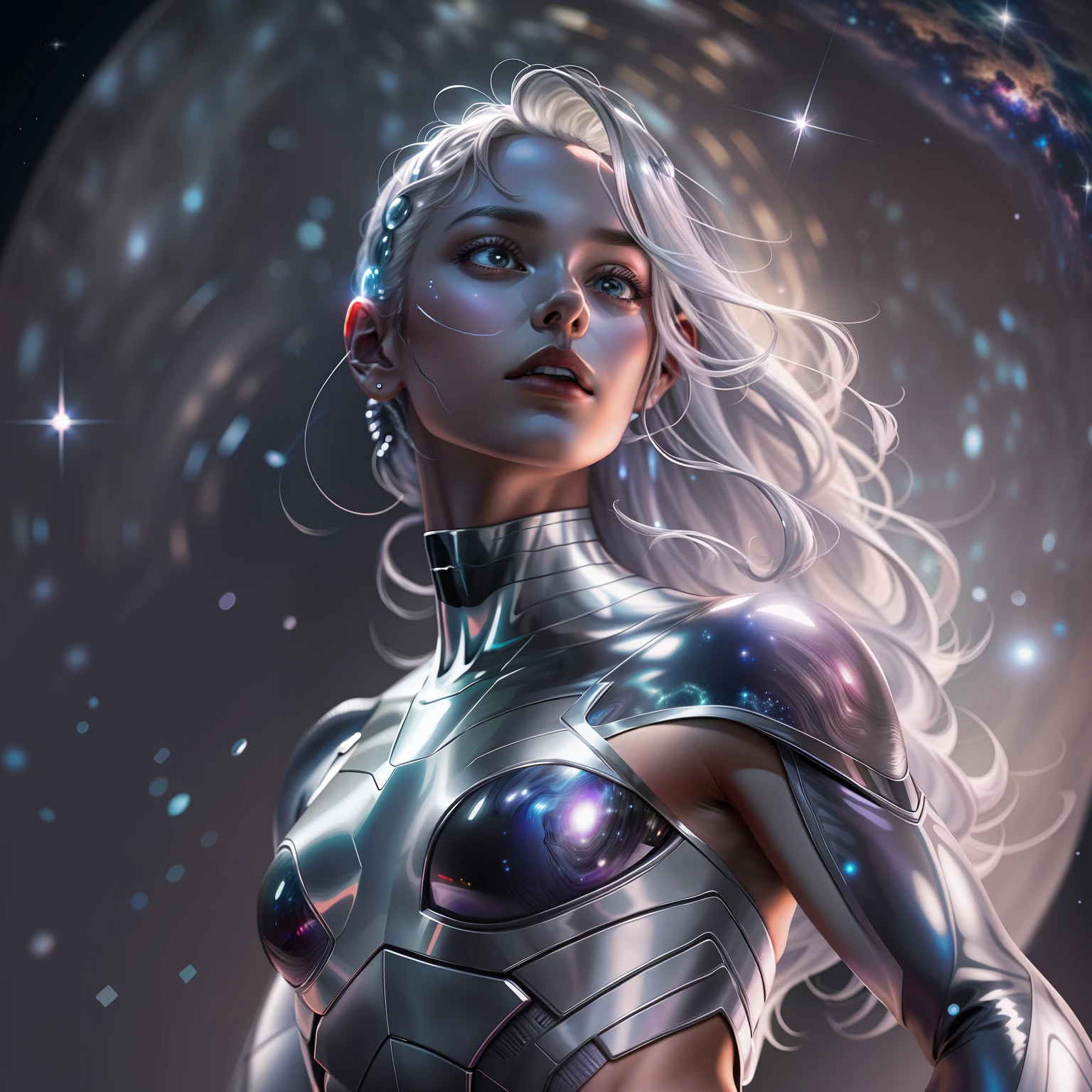 Silver Surfer, 8K, hiper realista, 1girl, galaxy, milky ways, lighting dramatic, detalhado, luzes refletindo