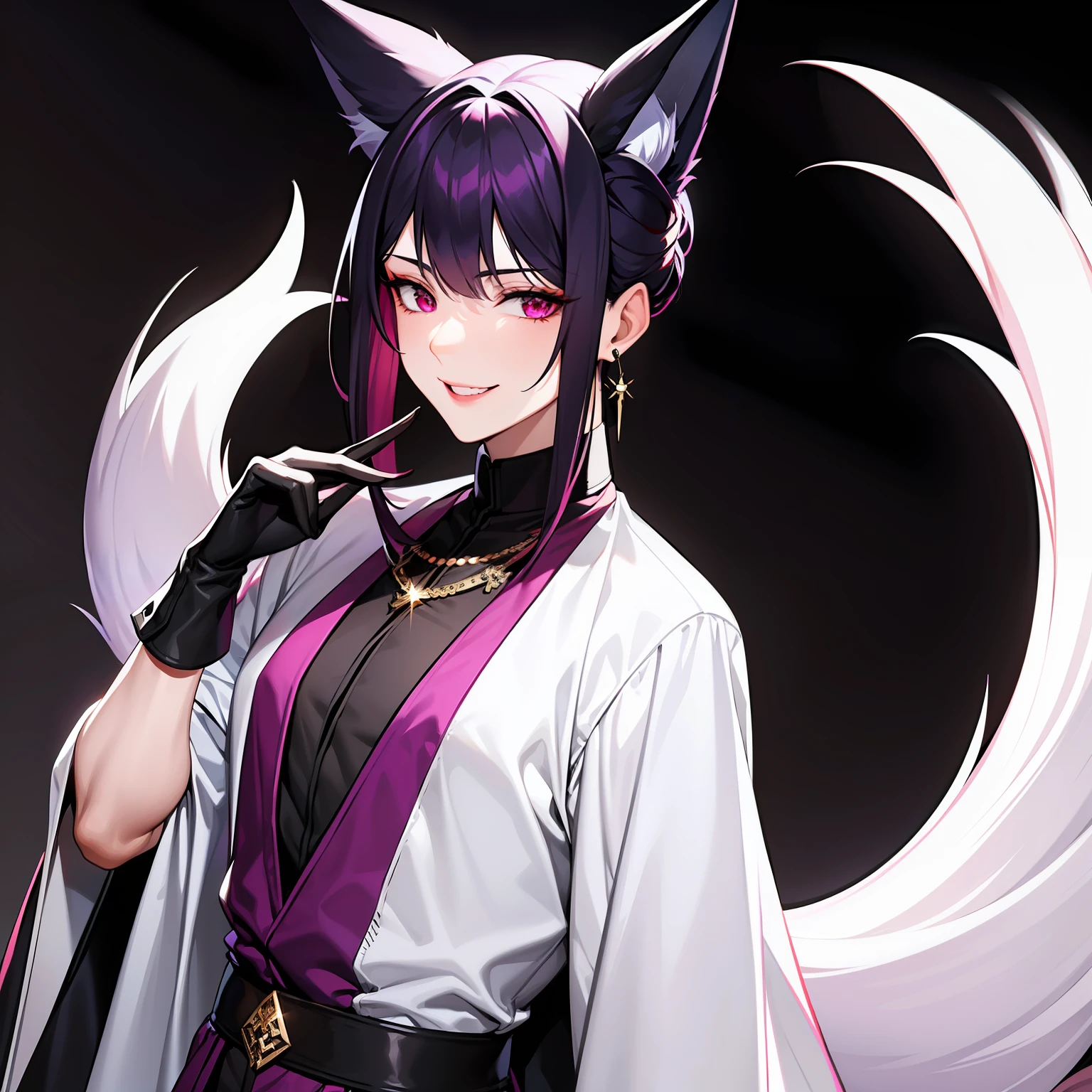 A young guy, feminine facial features, dark purple hair gathered in a low bun, faded red eyes, white strict clothes with free light sleeves with lots of jewelry, long black gloves, fox ears and tail, tired smile