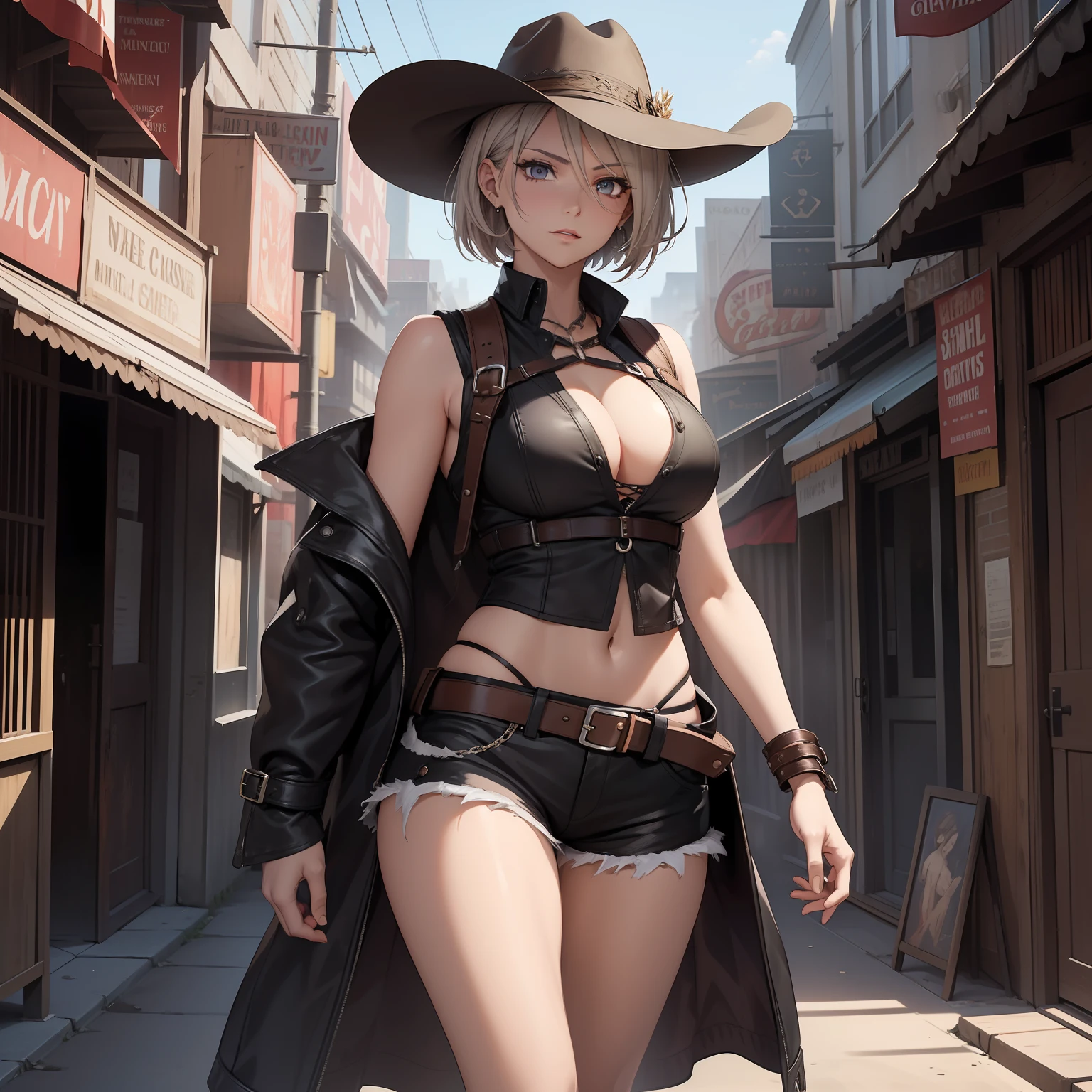 (masterpiece, best quality, ultra HD, 8k, wallpaper), cinematic view, (full body view:1.2), front view, perfect body, perfect anatomy, curvaceous body, alluring, perfect hands, perfect eyes, detailed eyes, long round legs, round ass, meet the daring gunslinger, a captivating woman exuding confidence, strength, and mystery, standing at 5'8" with a slender yet athletic build, she owns her wild and untamed appearance with short blonde hair flowing down to her lower back, adding to her allure, her outfit screams adventure, featuring a burgundy, high-collared, sleeveless leather vest adorned with silver buckles and intricate stitching, beneath it, a fitted, ripped black shirt tells tales of her battles and escapades, completing her attire are knee-high black leather boots, engraved with intricate patterns, and dark brown leather shorts offering flexibility, her weapons of choice, a pair of customized and inticate revolvers, are true works of art, polished silver frames with wild west engravings, blued barrels, and smooth dark brown wood handles that rest comfortably in specially designed quick-draw holsters on her hips, in this dusty western town, she stands amidst wooden buildings showing signs of action and adventure, the sun sets the sky ablaze with oranges and purples, while distant mountains loom majestically, few people walk the streets, allowing her to remain the center of attention, her pose and facial expression radiate her confidence and competence, the gunslinger is ready for anything that comes her way, add any creative elements to enrich the artwork and bring her dynamic character to life