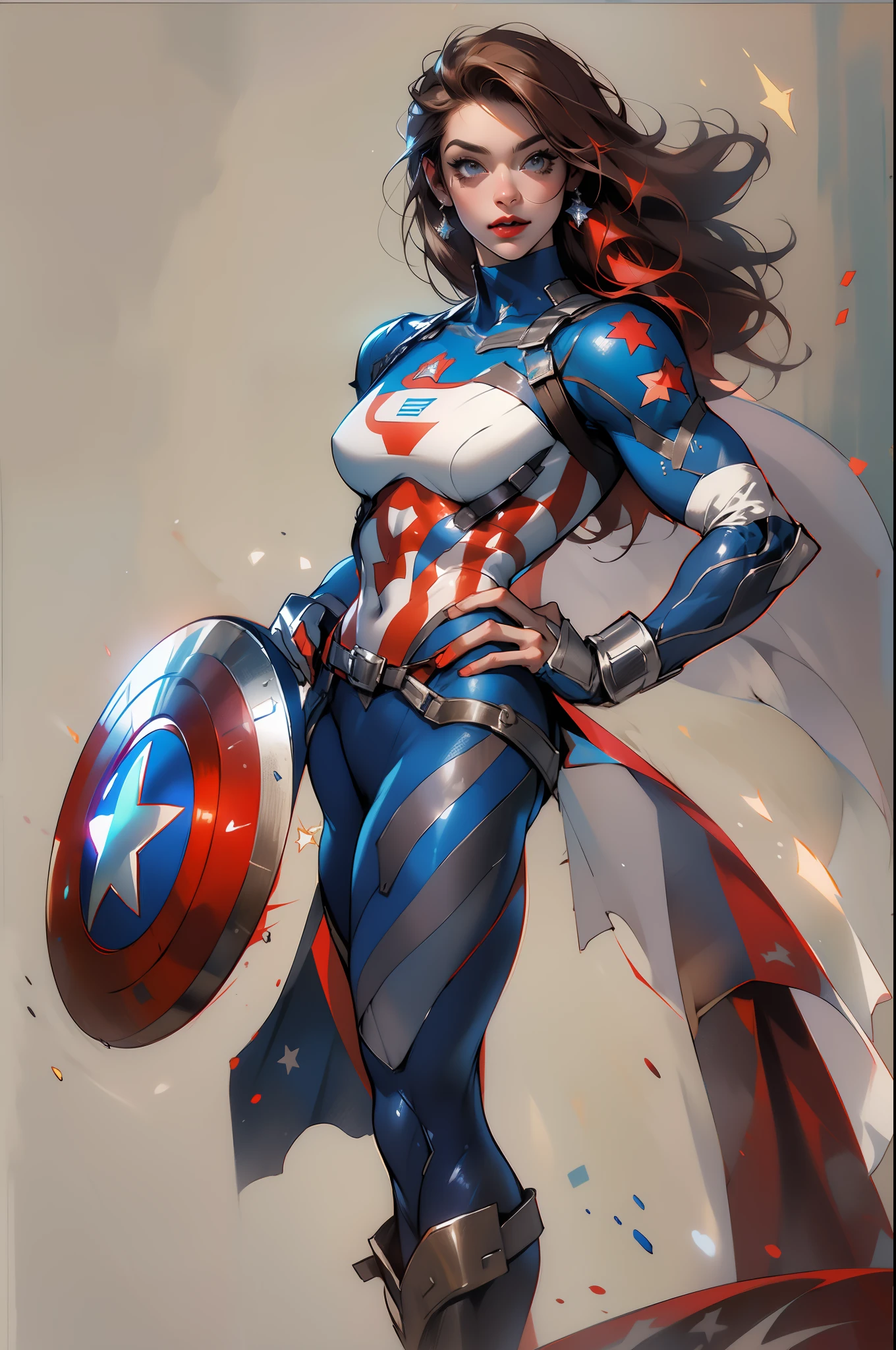 Nijistyle, muscular superheroine, corpo perfeito e proporcional, pose sexy, corpo inteiro, estrelas de 5 pontas, garota sorridente de cabelo super curto loiro, American influence, wearing Captain America's outfit, Michael Creese, usando um escudo redondo, Michael Hussar, fundo branco, short cut, roupa azul vermelho e branco, melhor qualidade, alta qualidade, foto editorial, absurdres, obra-prima, detalhe intrincado, grain of film, suas delicadas faculdades humanas seguram as notas ilustradas 2D, detalhe 4k, passo a passo