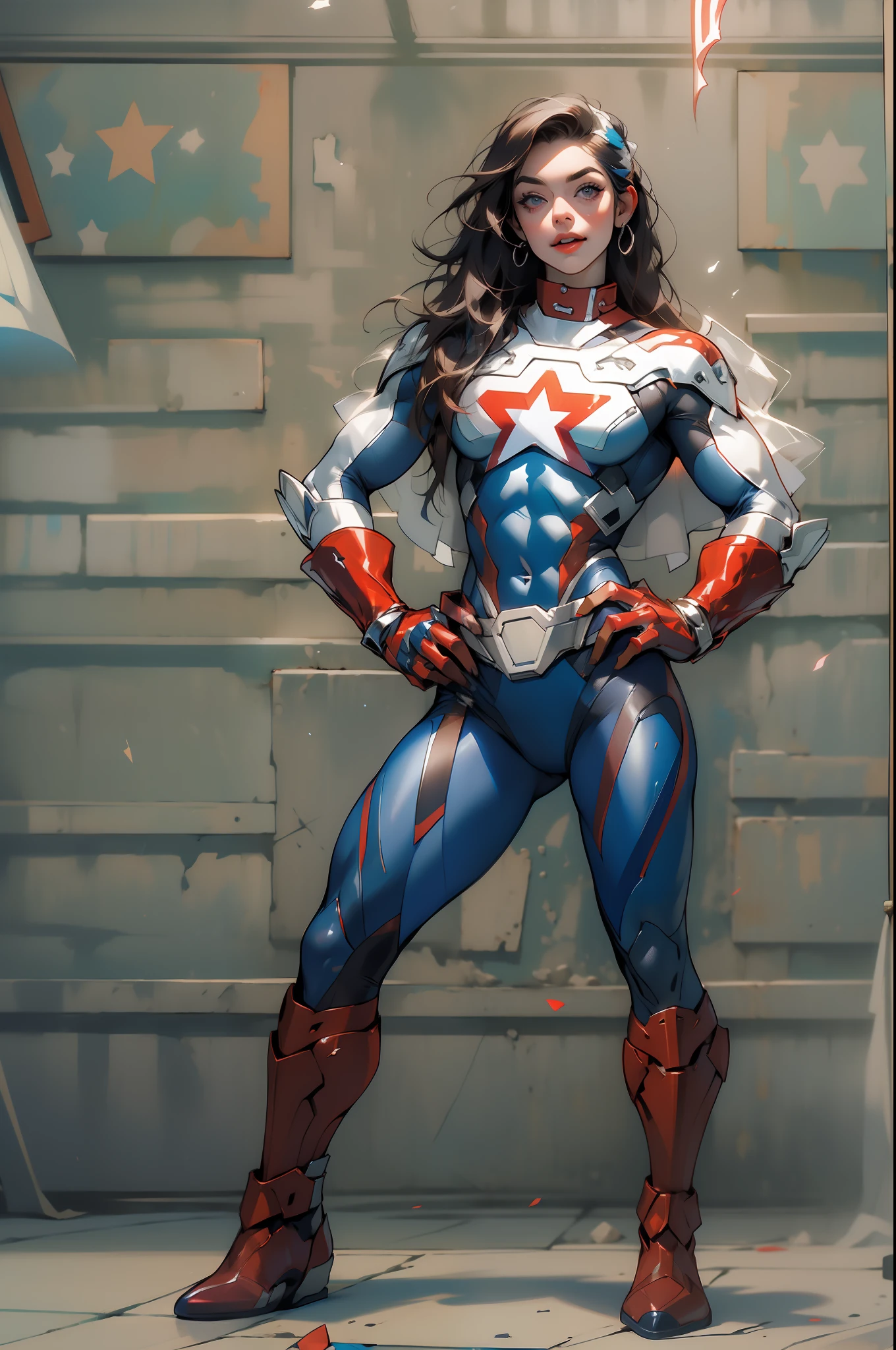 Nijistyle, muscular superheroine, corpo perfeito e proporcional, pose sexy, corpo inteiro, estrelas de 5 pontas, garota sorridente de cabelo super curto loiro, American influence, wearing Captain America's outfit, Michael Creese, usando um escudo redondo, Michael Hussar, fundo branco, short cut, roupa azul vermelho e branco, melhor qualidade, alta qualidade, foto editorial, absurdres, obra-prima, detalhe intrincado, grain of film, suas delicadas faculdades humanas seguram as notas ilustradas 2D, detalhe 4k, passo a passo