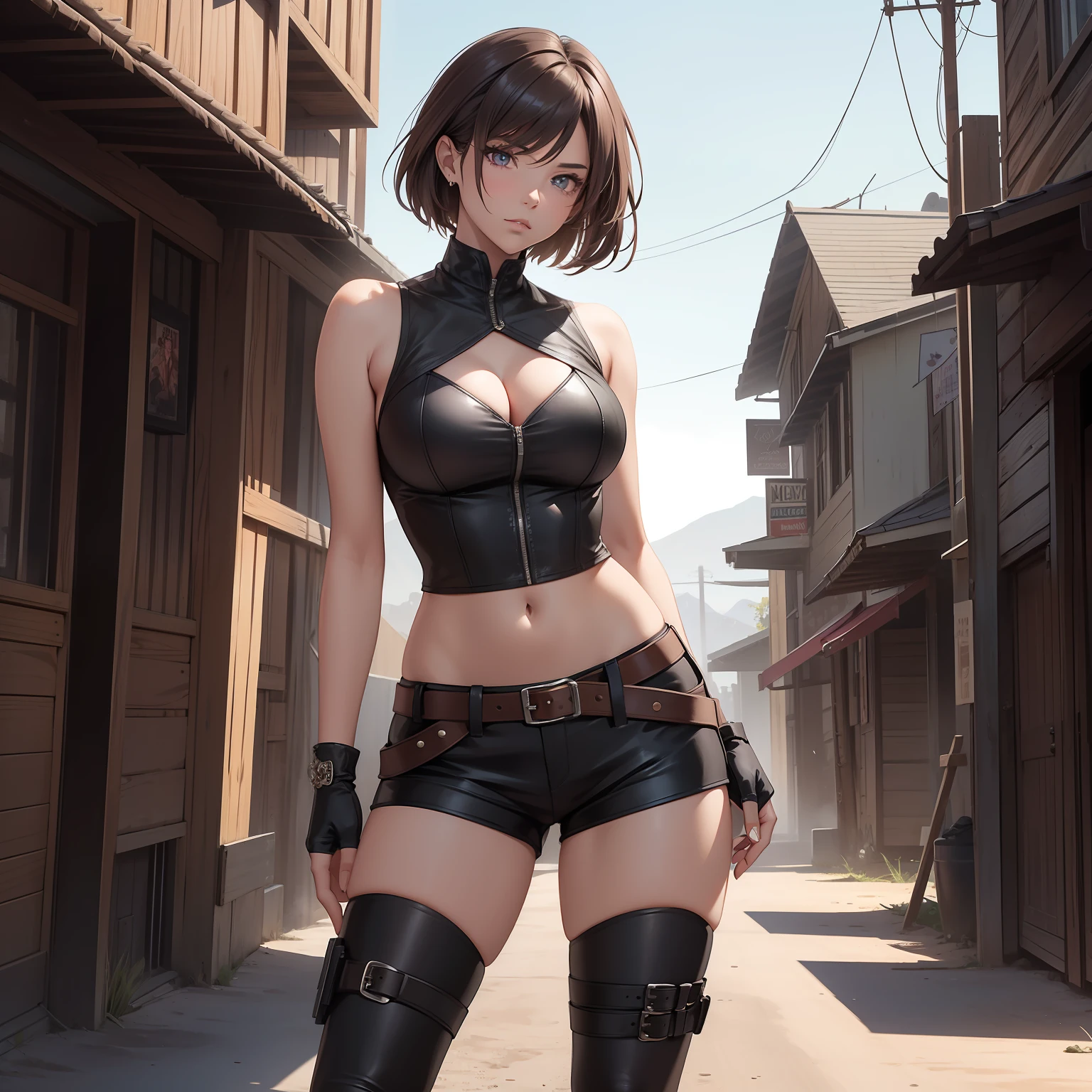 (masterpiece, best quality, ultra HD, 8k, wallpaper), cinematic view, (full body view:1.2), front view, perfect body, perfect anatomy, curvaceous body, alluring, perfect hands, perfect eyes, detailed eyes, long round legs, round ass, meet the daring gunslinger, a captivating woman exuding confidence, strength, and mystery, standing at 5'8" with a slender yet athletic build, she owns her wild and untamed appearance with short blonde hair flowing down to her lower back, adding to her allure, her outfit screams adventure, featuring a burgundy, high-collared, sleeveless leather vest adorned with silver buckles and intricate stitching, beneath it, a fitted, ripped black shirt tells tales of her battles and escapades, completing her attire are knee-high black leather boots, engraved with intricate patterns, and dark brown leather shorts offering flexibility, her weapons of choice, a pair of customized and inticate revolvers, are true works of art, polished silver frames with wild west engravings, blued barrels, and smooth dark brown wood handles that rest comfortably in specially designed quick-draw holsters on her hips, in this dusty western town, she stands amidst wooden buildings showing signs of action and adventure, the sun sets the sky ablaze with oranges and purples, while distant mountains loom majestically, few people walk the streets, allowing her to remain the center of attention, her pose and facial expression radiate her confidence and competence, the gunslinger is ready for anything that comes her way, add any creative elements to enrich the artwork and bring her dynamic character to life