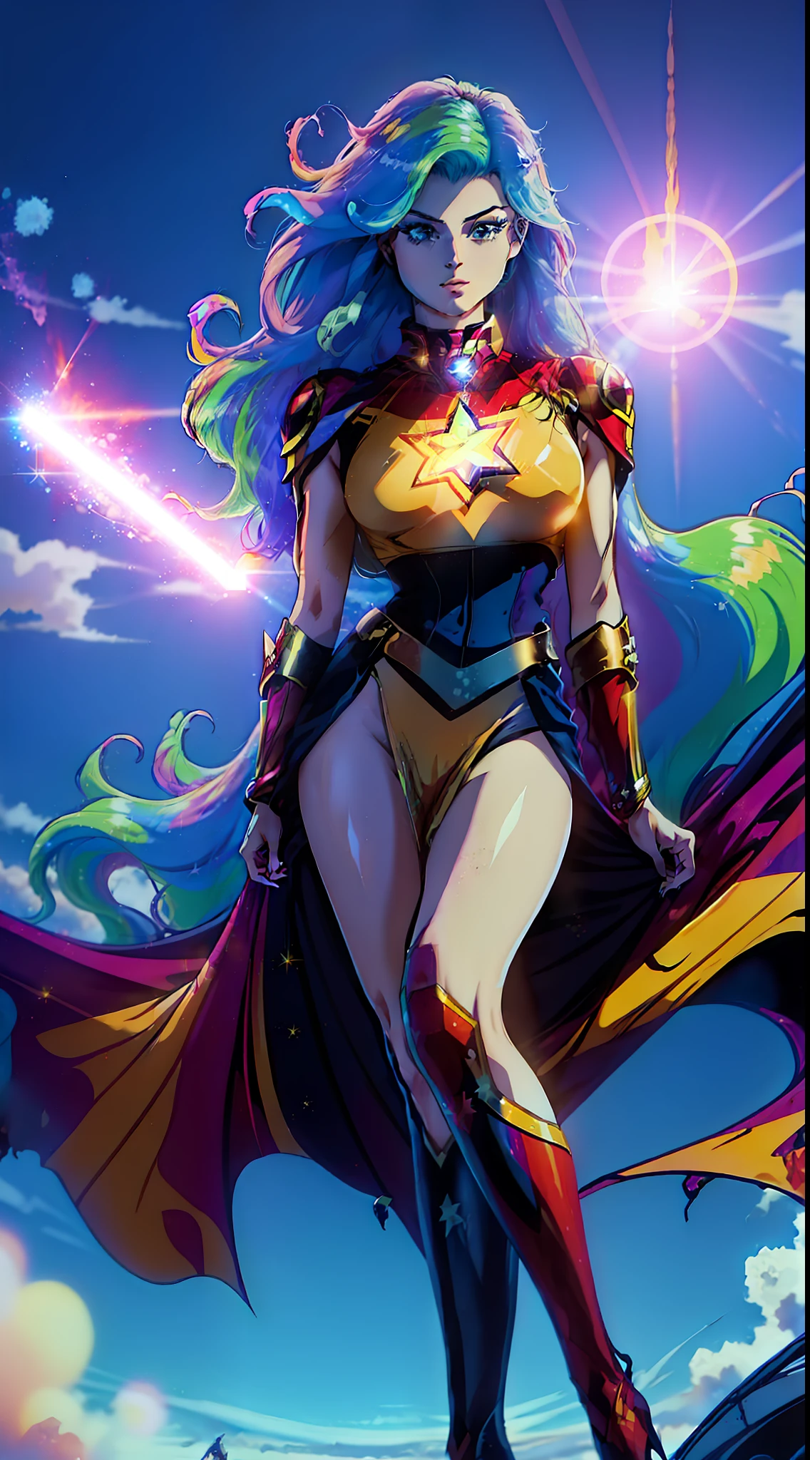 Princess celestia, Huge-breasts, Lush breasts, Elastic breasts, hairlong, Luxurious hairstyle, In the costume of Captain Marvel, in the sky, superhero, in full height, Evil Look, Magic, Flight beam, beste-Qualit, Very detailed, 8K quality, in full height