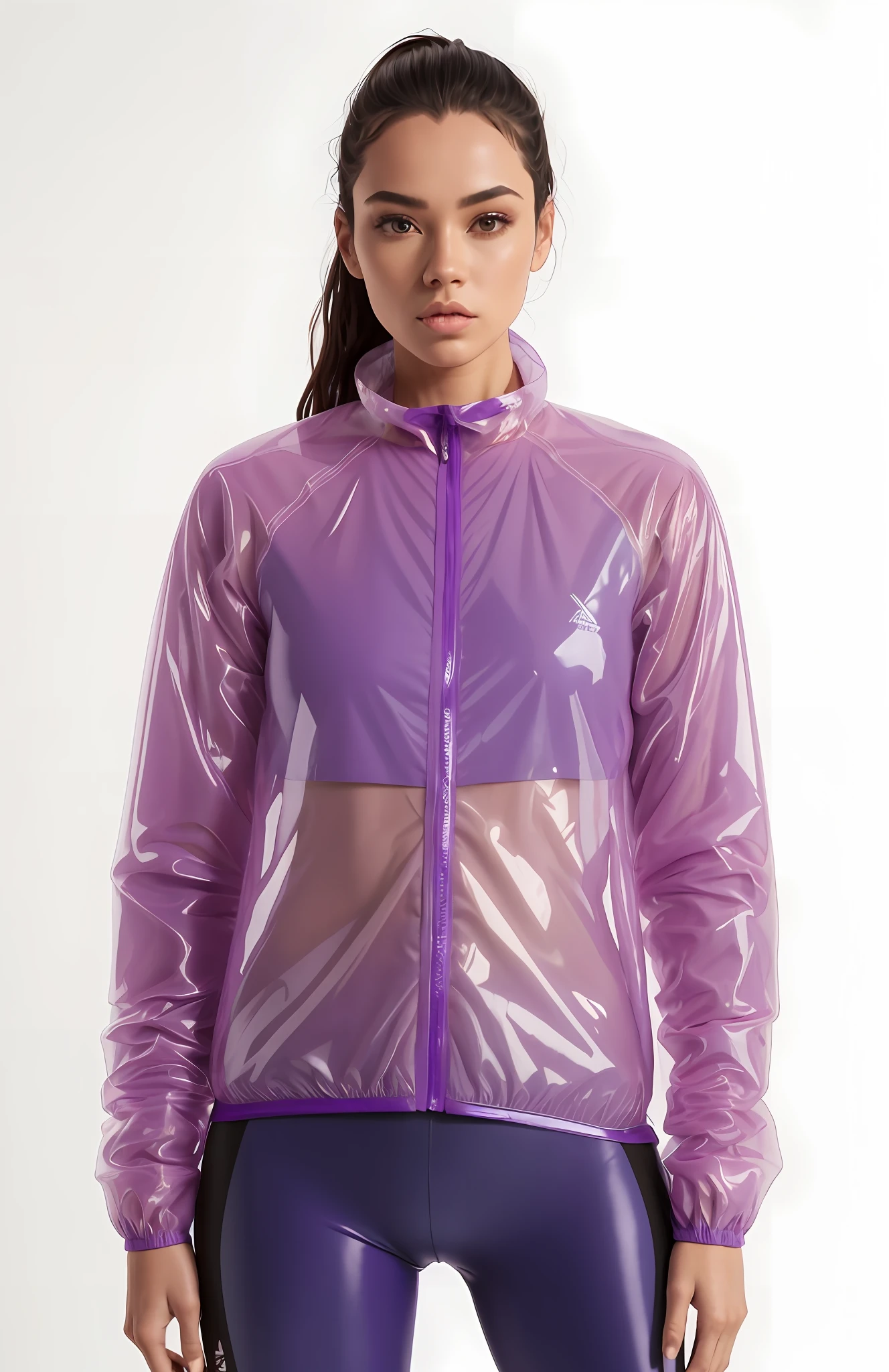 a woman wearing a translucent purple jacket and leggings, Translucent purple jacket and crop top underneath, roupas esportivas, suit jacket, capa de chuva roxa, roupas esportivas, jaqueta esportiva, F / 2 0, uma jaqueta de terno roxo, jaqueta sobre tronco nu, wētā fx, Motivacional, she is wearing a wet coat, jaqueta curta, Aura roxa, wearing translucent sheet, chuvoso