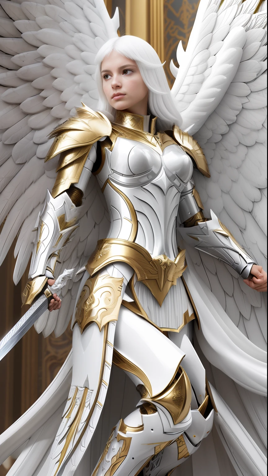 arafed woman in white and gold armor holding a sword, angel knight girl, angel in plastic armor, full - body majestic angel, angel knight gothic girl, angelic golden armor, goddess. extremely high detail, tall female angel, epic angel wings, armor angle with wing, archangel, detailed white armor, white armor, beautiful female angel, angelical