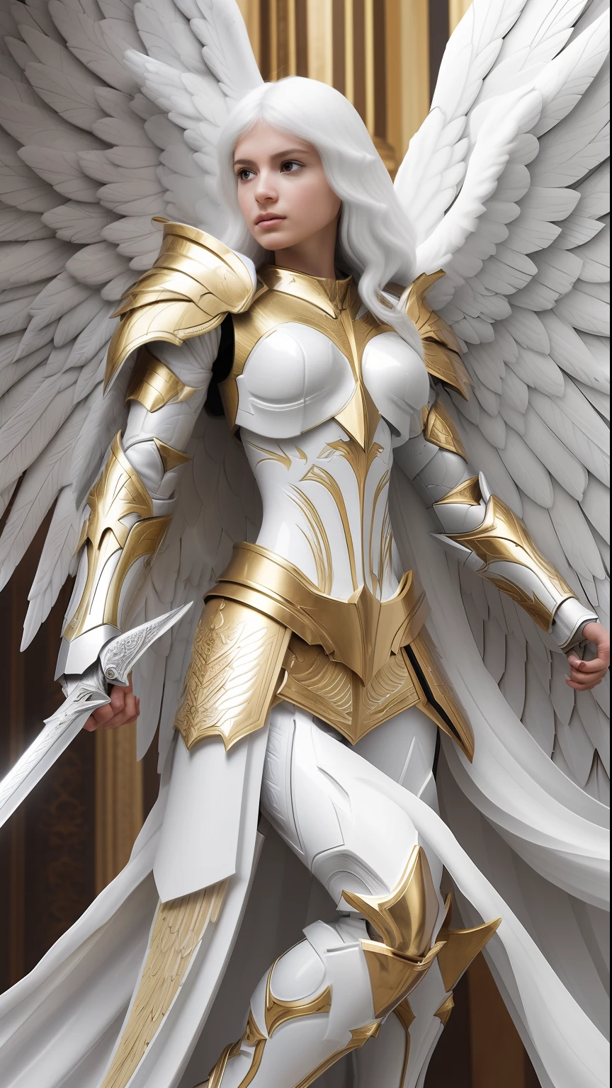 arafed woman in white and gold armor holding a sword, angel knight girl, angel in plastic armor, full - body majestic angel, angel knight gothic girl, angelic golden armor, goddess. extremely high detail, tall female angel, epic angel wings, armor angle with wing, archangel, detailed white armor, white armor, beautiful female angel, angelical