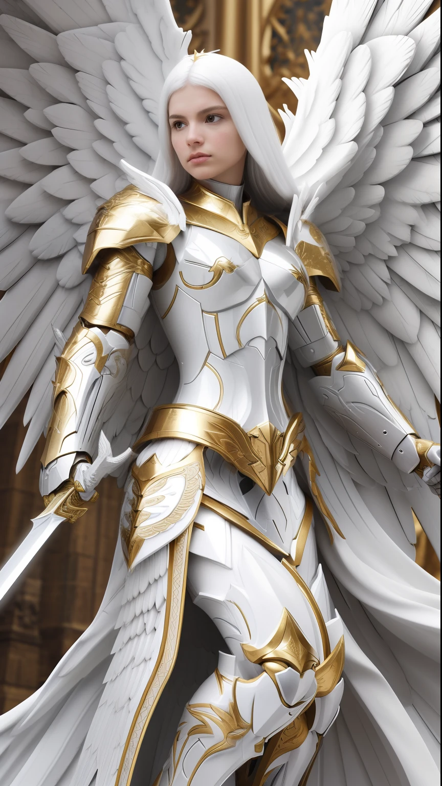 arafed woman in white and gold armor holding a sword, angel knight girl, angel in plastic armor, full - body majestic angel, angel knight gothic girl, angelic golden armor, goddess. extremely high detail, tall female angel, epic angel wings, armor angle with wing, archangel, detailed white armor, white armor, beautiful female angel, angelical