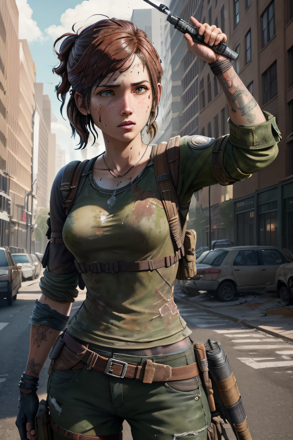 ((Estátua de Ellie de The Last of Us Part II)), (Emocionante), (Escultura), An amazing statue depicting Ellie, a corajosa protagonista de The Last of Us Part II, esculpida com grande habilidade e riqueza de detalhes, Ellie is depicted in an iconic pose, with his determined expression and piercing gaze, wearing his signature post-apocalyptic costume and holding his trusted weapon, The sculpture perfectly captures the essence of the character's strong and resilient personality, Every detail of her clothing and accessories is meticulously crafted to convey authenticity and realism, The statue appears to come to life under the light that enhances its facial features and expressions, criando uma atmosfera emocionante e envolvente, the sculpture is a tribute to Ellie's courage and determination, capturing his striking presence in a work of art that fans of the series will appreciate, The statue is a tribute to the character's journey and its importance in the game's narrative, celebrating your inner strength and resilience in a post-apocalyptic world filled with challenges and dangers.