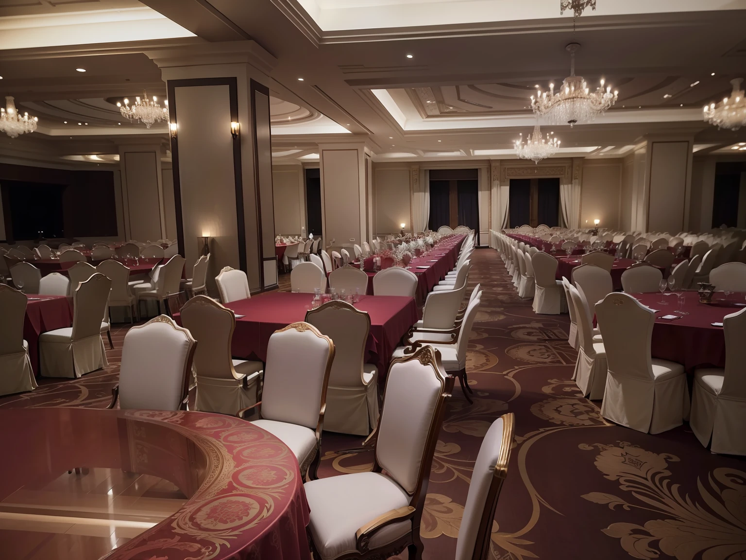 The table and chairs are set in a large room with chandeliers, ballroom background, ball room, big hall, inside a grand, enchanted surroundings, luxurious environment, interior setting, big hall, Grand, VIP Lounges, upscale restaurant, Gorgeous restaurant, changquan, in a large hall, full - view, full room view, Elegant atmosphere, shui mo hua