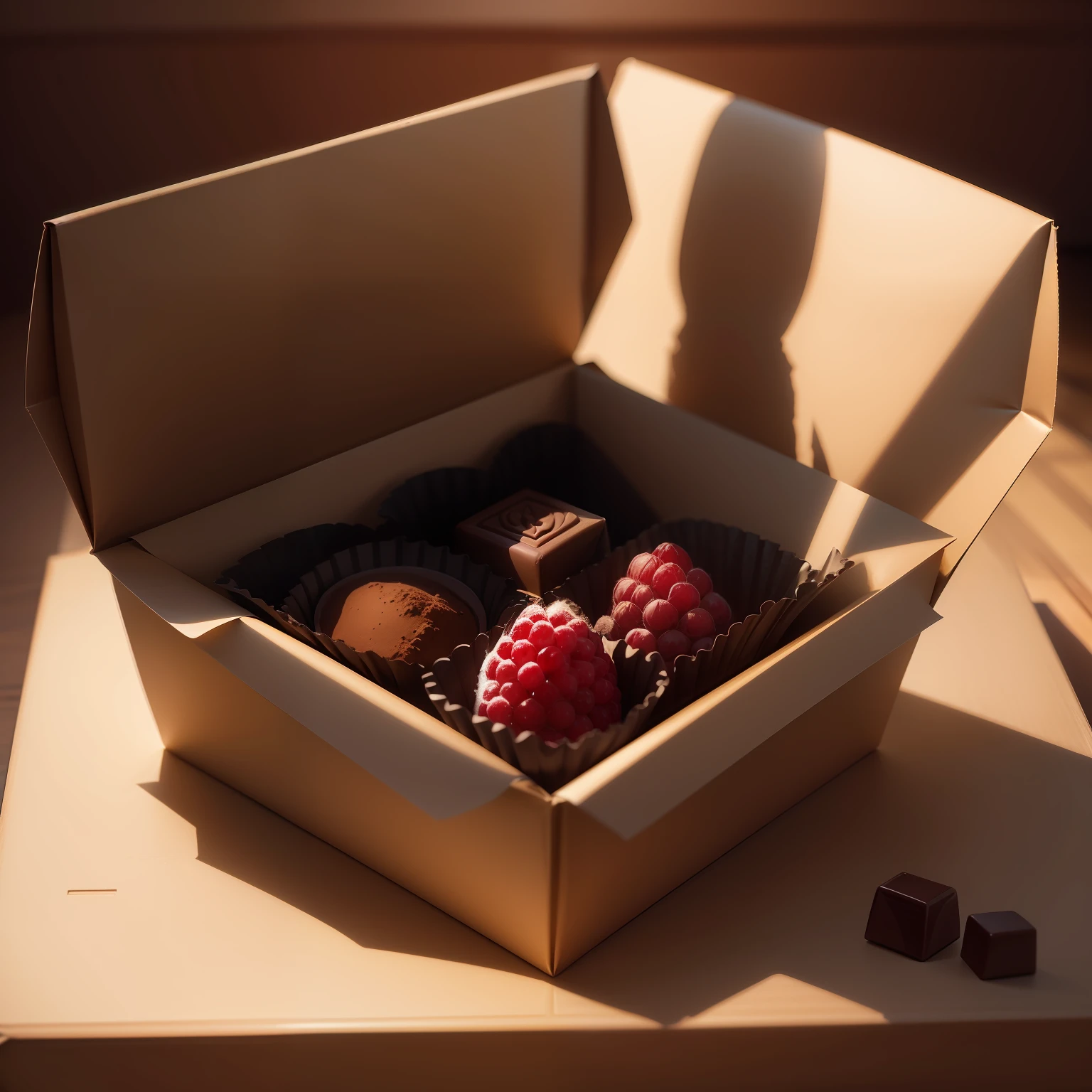 appearance kinds of chocolate, Rectangular paper box and ribbon, Luxury, cocoa powder ,raspberry, expert, Insanely detailed, 4K resolution, Composition, framing, Delicate features