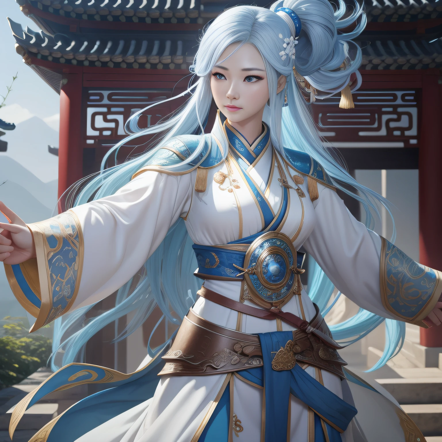 a close up of a woman in her 30's, with blue eyes and white hair, wearing a white and blue ball gown dress, a heroine in wuxia style, with blue eyes, martial artist holding a sword, standing in a chinese monastary, new costume concept design, in the style of blade and soul, full body character concept, detailed character design, inspired by Yang Jin, inspired by Li Mei-Shu, chinese costume, inspired by Lan Ying, inspired by Sim Sa-Jeong, inspired by Li Tang, lunar themed attire, costume with blue accents, inspired by Ju Lian, colored concept art, highly detailed character design, highly detailed face, inspired by Ai Xuan, very highly detailed face, unreal engine render, final fantasy 14 style, inspired by Leng Mei