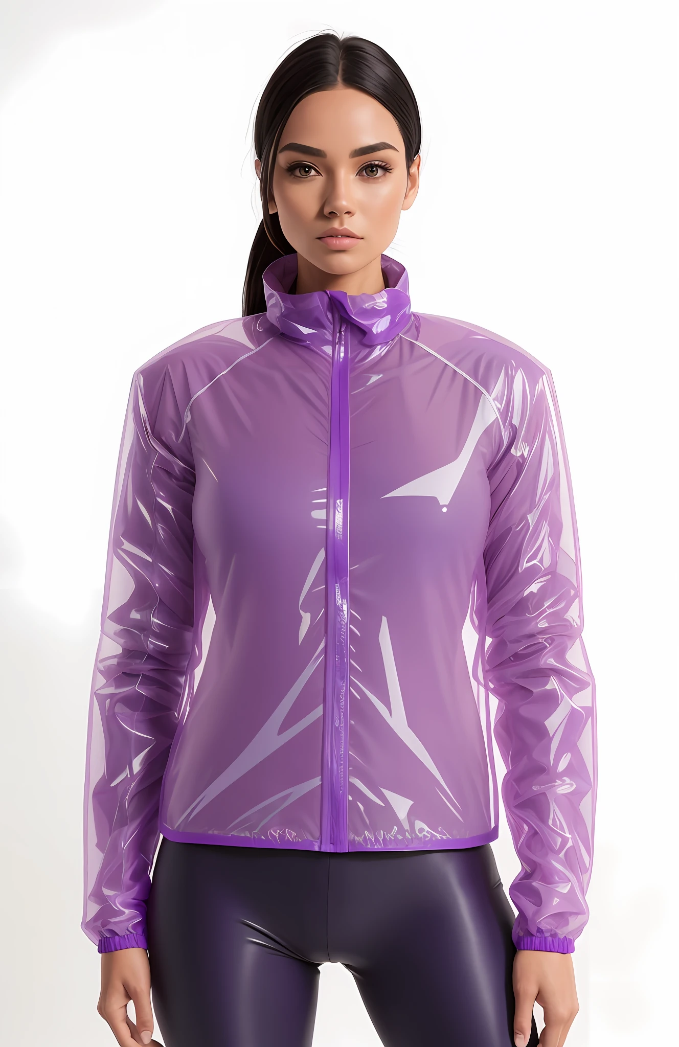 a woman wearing a translucent purple jacket and leggings, Translucent purple jacket and cut top underneath, roupas esportivas, suit jacket, capa de chuva roxa, roupas esportivas, jaqueta esportiva, F / 2 0, uma jaqueta de terno roxo, jaqueta sobre tronco nu, wētā fx, Motivacional, she's wearing a coat., jaqueta curta, aura roxa, wearing translucent sheet