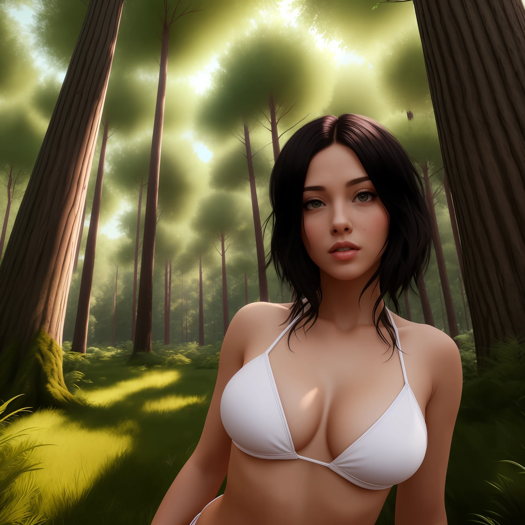beautiful, sex, woman, sexy, black hair | white hair | red hair, adult braidsed hair, ((balls))}}, (wide lips), (mole)} | {(((small))), ((shine through)), bikini} | {((thick trees)) in the background}, {huge trees},|| realistic, great lighting, high quality textures, 8k, photo