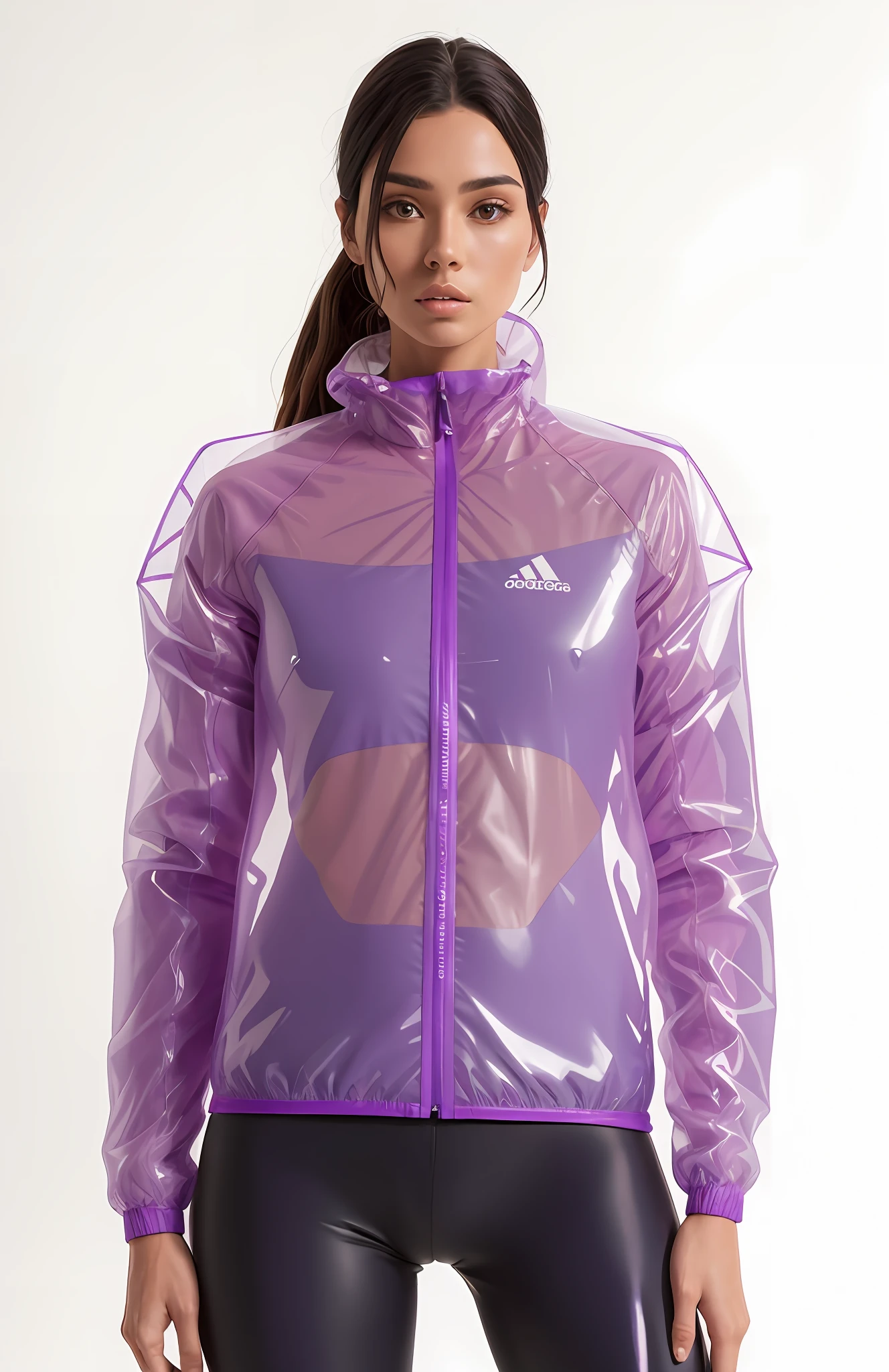 a woman wearing a translucent purple jacket and leggings, Translucent purple jacket and cut top underneath, roupas esportivas, suit jacket, capa de chuva roxa, roupas esportivas, jaqueta esportiva, F / 2 0, uma jaqueta de terno roxo, jaqueta sobre tronco nu, wētā fx, Motivacional, she's wearing a coat., jaqueta curta, aura roxa, wearing translucent sheet
