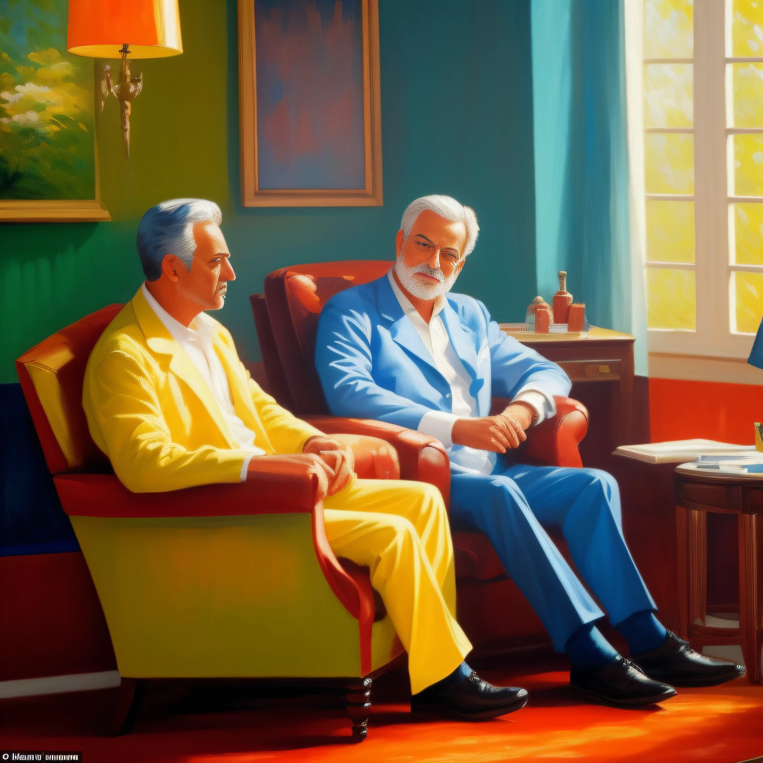 scenecy: a psychologist in his armchair assisting his patient who is on a couch. estilo de pintura: "impressionismo", com cores vibrantes bem definidas em 8K. Paint in such a way that characters are easily recognizable and reveal the perfection of the characters' facial expressions.