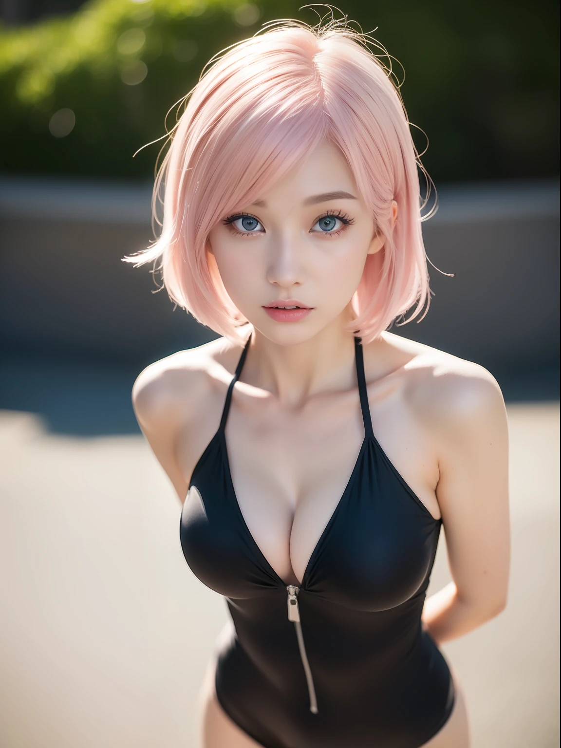 (masterpiece:1.4, best quality), (intricate details), unity 8k wallpaper, ultra detailed, beautiful and aesthetic, (photorealistic:1.4), perfect lighting, (1girl), (very light pink hair, ), green eyes, hair ornament, medium hair, blush, one-piece swimsuit, dynamic pose, dynamic angle, lipstick, slim, slim body, surrounded by flower, sakura, nature, full body, very wild shot, small breast, flat_chest, outdoor, detailed background, realistic, solo, perfect detailed face, naughty face, detailed eyes, highly detailed, thighhighs,